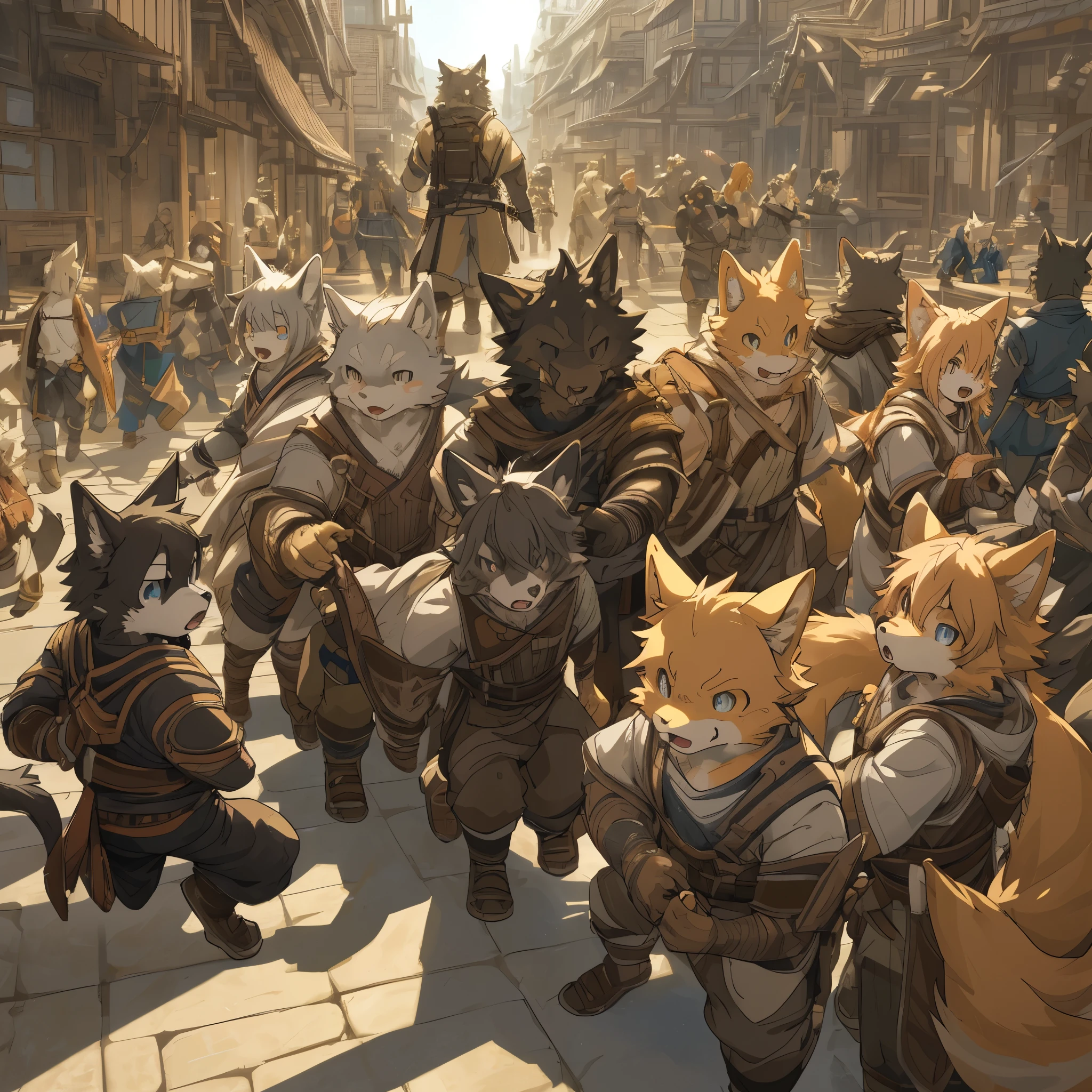 dynamic angle, top quality, best quality, High-quality illustrations, masterpiece, super high resolution, detailed background, detailed background, The Peach Boy, action, group shot:0.1, 6+boys, 6+girls, absurdres(highly detailed beautiful face and eyes)perfect anatomy, expression, good lighting, cinematic shadow(kemono, furry anthro),