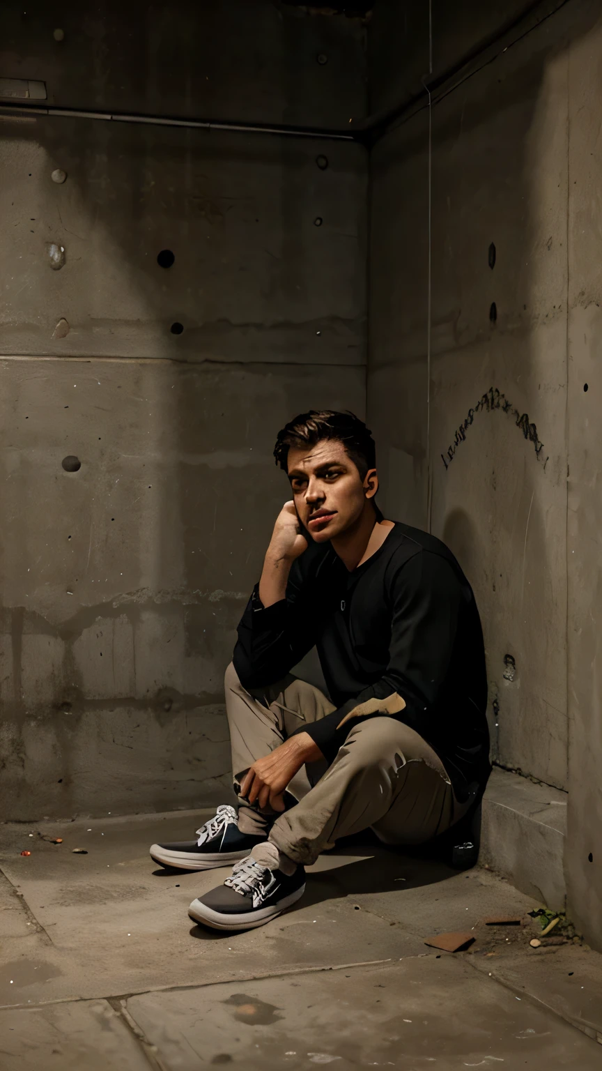 An afraid man sitting on the ground of his cellar, concrete wall