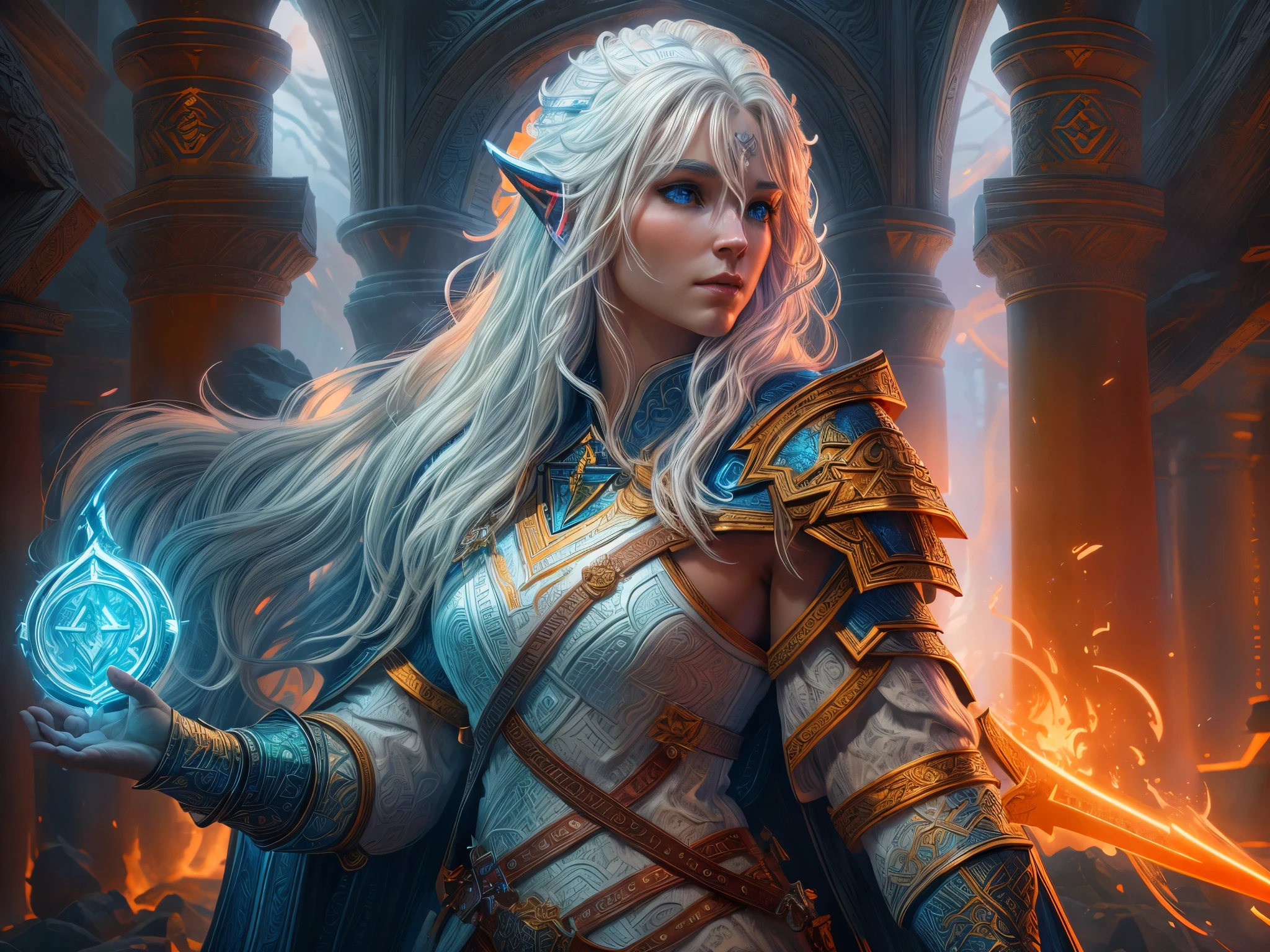 fantasy art, dnd art, RPG art, wide shot, (masterpiece: 1.4) portrait, intense details, highly detailed, photorealistic, best quality, highres, portrait a vedalken female (fantasy art, Masterpiece, best quality: 1.3) ((blue skin: 1.5)), intense details facial details, exquisite beauty, (fantasy art, Masterpiece, best quality) cleric, (blue colored skin: 1.5) 1person blue_skin, blue skinned female, (white hair: 1.3), long hair, intense green eye, fantasy art, Masterpiece, best quality) armed a fiery sword red fire, wearing heavy (white: 1.3) half plate mail armor, wearing high heeled laced boots, wearing an(orange :1.3) cloak, wearing glowing holy symbol GlowingRunes_yellow, within fantasy temple background, reflection light, high details, best quality, 16k, [ultra detailed], masterpiece, best quality, (extremely detailed), close up, ultra wide shot, photorealistic, RAW, fantasy art, dnd art, fantasy art, realistic art,