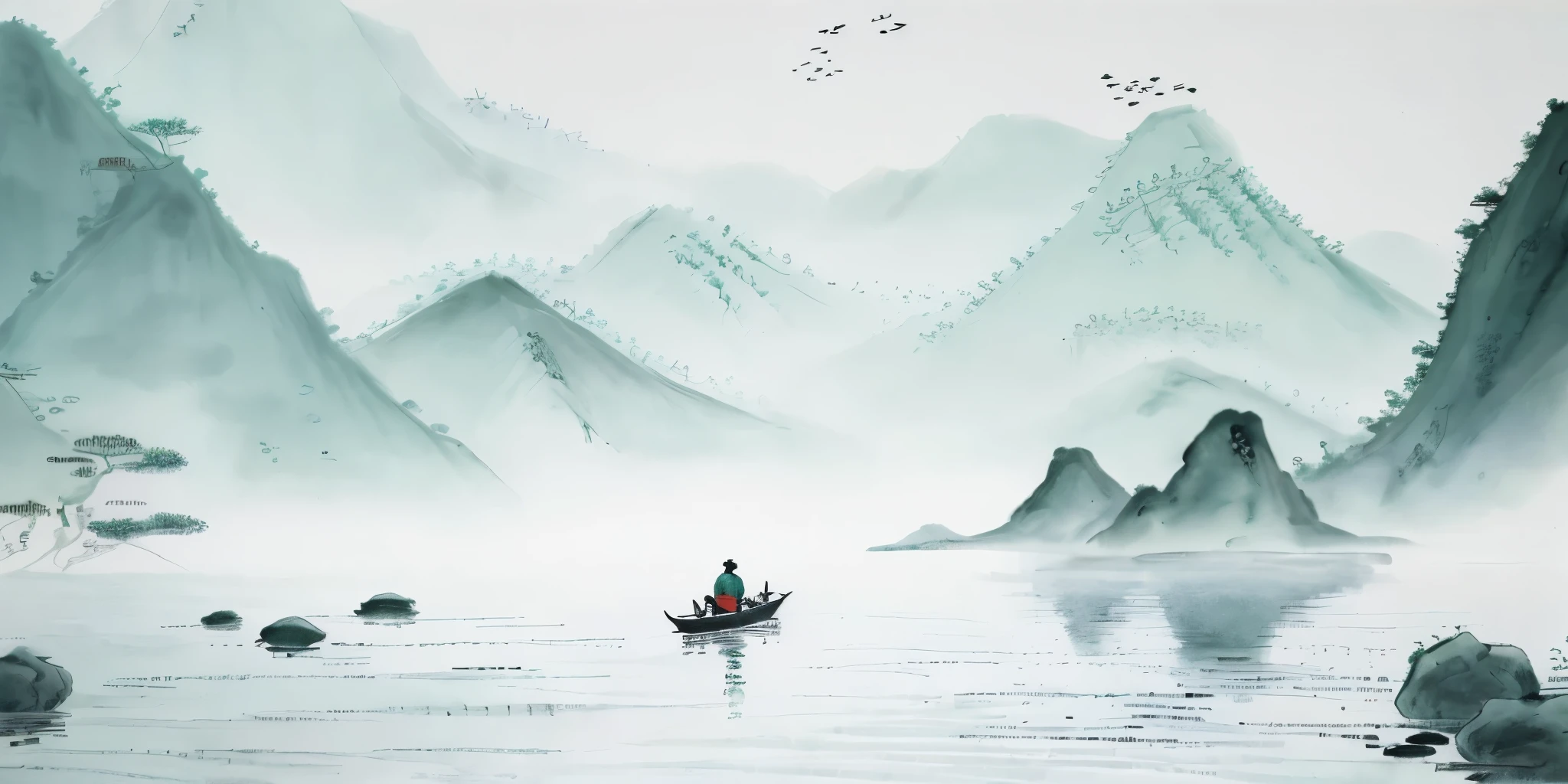 It turns out there is a boat floating on the water，Birds fly on it, in peaceful scenery, Chinese style景, Chinese style, Serenity illustration, Inspired by Ma Yuan, Chinese painting style, peaceful scenery, Chinese watercolor style, author：Xu Xi, peaceful scene, Inspired by Xie Shichen, peaceful scene, author：Qu Leilei, Chinese ink painting, Chinese traditional ink painting，Guqin，flutes