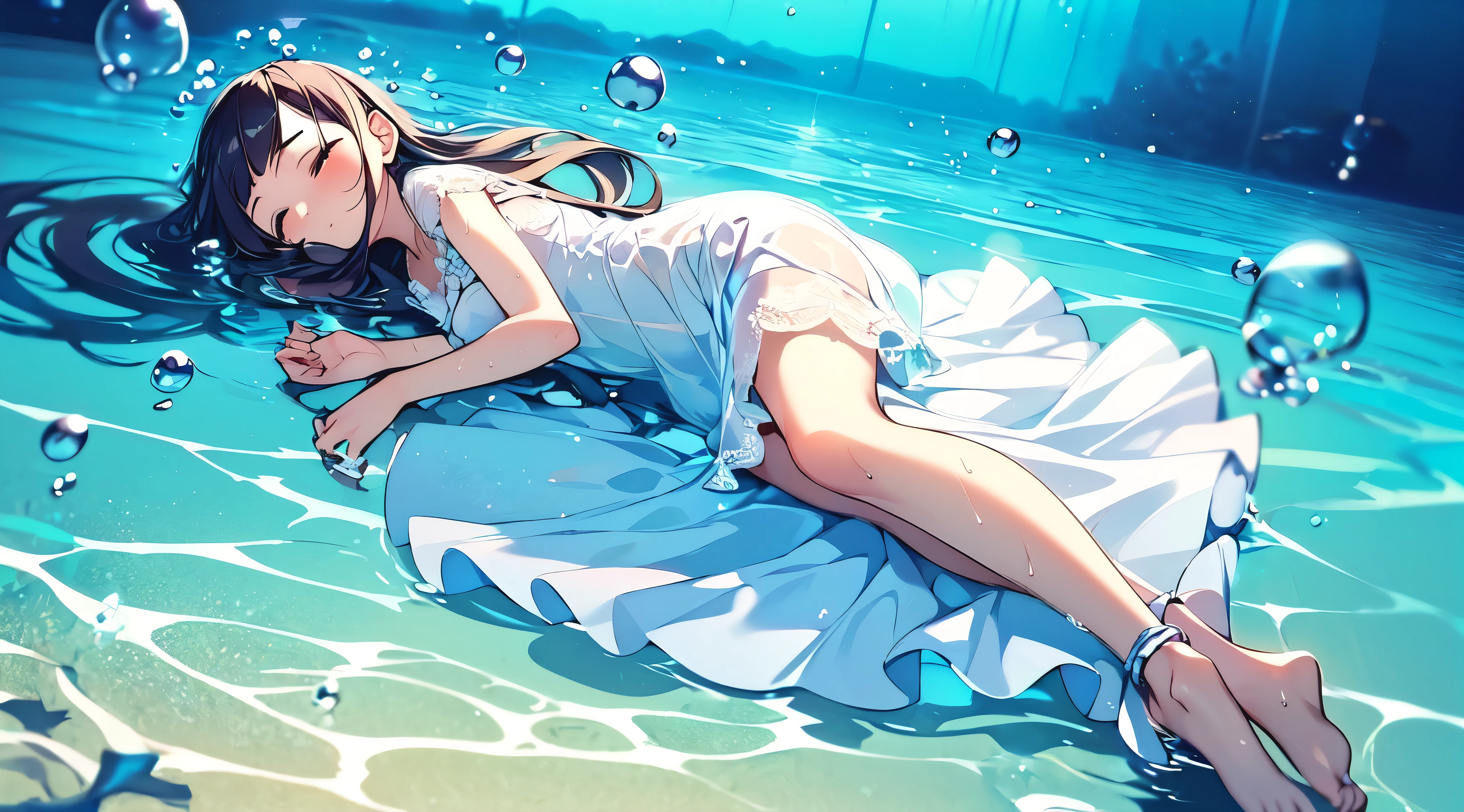 best quality, masterpiece, detailed, dynamic view, A young girl, sad, depressed, Wear wet clothes, beauty white silk dress with detailed Lace, long skirt, The hem of the dress extends to the ankles, floating wet clothes, transparent, The best decoration, The best wrinkles, Best shadow barefoot, Floating drowning, floating down underwater, underwater photo, submerge, 8K resolution