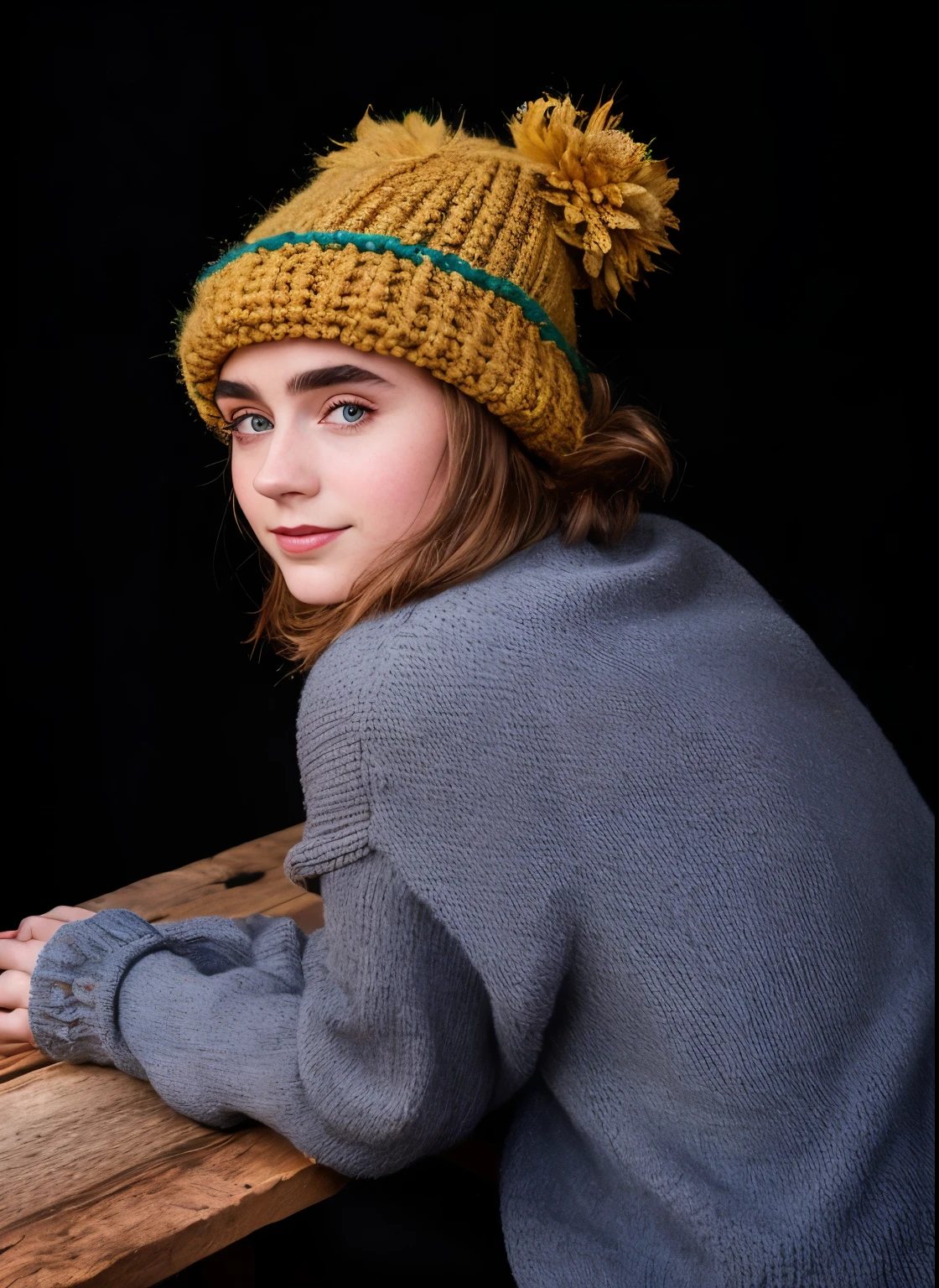 arafed woman in a yellow hat leaning on a wooden table, lilly collins, lily collins, portrait of florence pugh, emma watson as an avocado chair, zoe kazan, emma watson wearing fancy hat, portrait of emma watson, emma watson as an avocado, portrait photo of emma watson, inspired by Hermione Hammond, kiernan shipka, hermione, natalia dyer