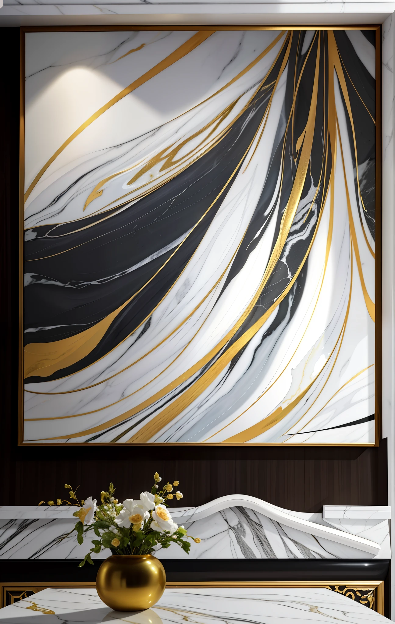 Close-up of a painting on the living room wall, Engraved Marble Textured Silk Cloth, white karaka gold marble, 4K/8, Ivory and black marble, extremely high quality art, marbling effect, marble room, made of liquid metal and marble, Paint pours smoke, marble walls, glossy painting, White marble, polished White marble