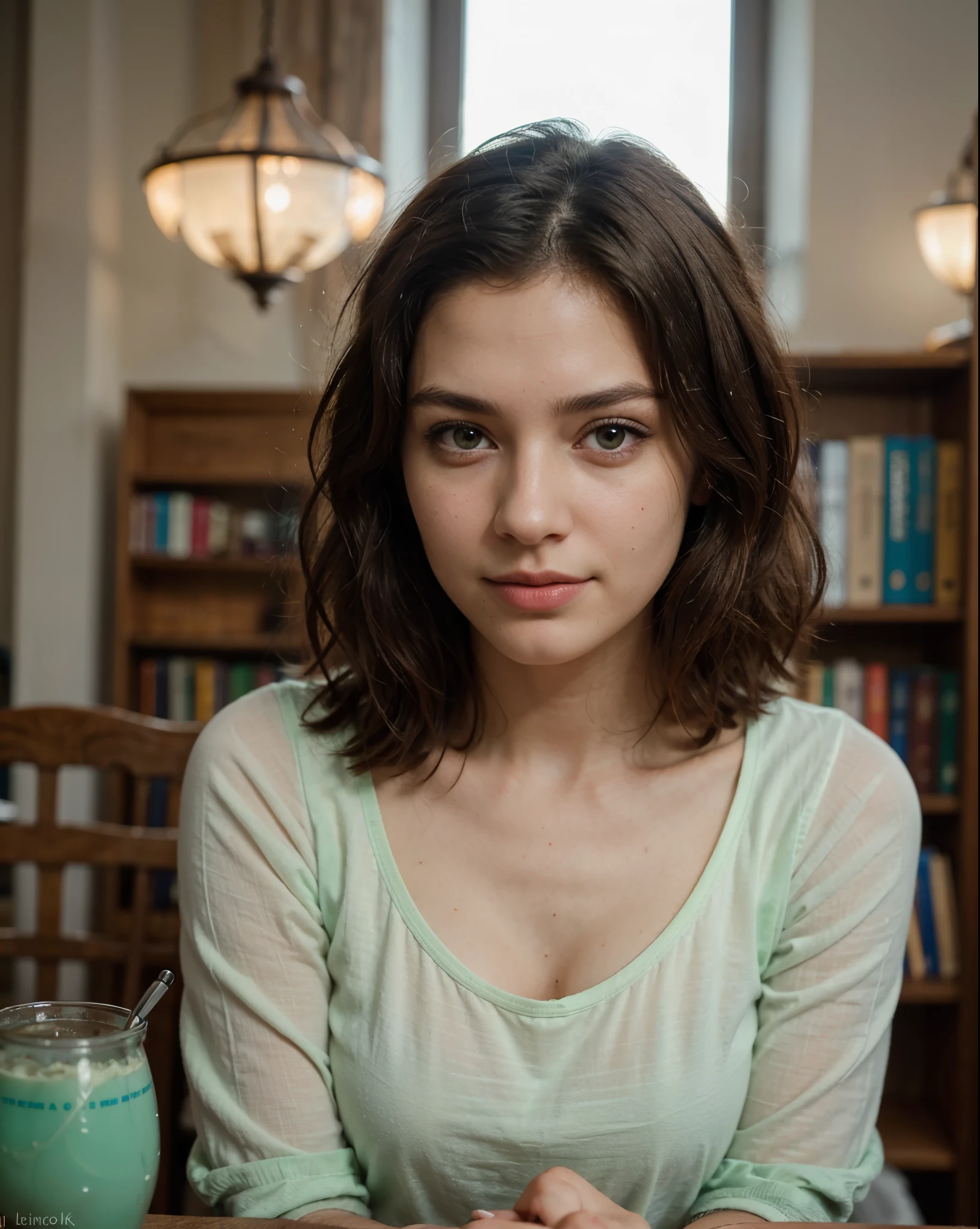 Cute beautiful sexy European light-green-eyed brunette, 22 years old,
sitting at a table in an old library, reading a book, concentrated, serious,
tiny waist, very detailed, innocent face, face-length 1.3 times the face-width, almond-shaped eyes, squared face-shape, high cheekbones, naturally wavy hair, light-green eyes, high-res, masterpiece, best quality, intricate details, very detailed, sharp focus, detailed skin, realistic skin texture, texture, detailed eyes, professional, 4k, charming smile, shot with Canon, light depth of field, Kodak Vision color, perfectly fitting body, extremely detailed, photo_\( ultra\), photorealistic, realistic, post processing, maximum details, roughness, real life, ultrarealistic, photorealism, photography, 8k UHD, photography