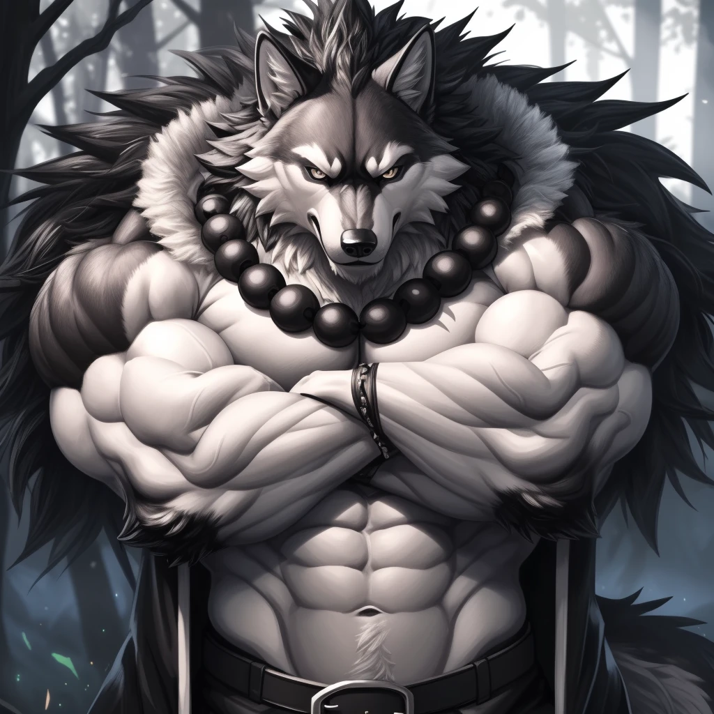 (upload on e621), (Masterpiece), (best quality), (ultra high res), 4K, (8k HD), 2D, (perfect anatomy), (digital art), (official art), (extreme detailed), (ultra detailed), (strapsanime), color, (soft shading), (sharp focus), (((excessive silver electric aura both arms))), (((wolf clan members))), (((forest base camp background))), 1man, dark black body fur, (((dark black muscular arms))), silver pecs and belly, detailed fluffy fur, (ultra detailed face), detailed eyes, detailed iris eyes, detailed yellow eyes, white sclera, black pupils, (((big navel))), (((abs))), (((pectoral))), (((crossed arm pose))), (((black claw nails))), furry wolf male, mature male, (((giant size))), (((macro size))), (((full body))), (((dark black giant bulky muscular body fur))), canid, (((huge black nipples))), (huge muscles), (((hyper muscles))), (((huge pecs))), (((oversize pecs))), (((giant biceps))), canine, canis, mammal, dark black wolf, (((powerful wolf god))), wolf male, fierce face, serious expression, (((badass))), wolf anthro, solo, standing, (((wearing full complete sleeveless long black and silver coat jacket))), (((black and silver full complete sleeveless long coat jacket))), (((dark black longest hair))), (((dark black longest back hair))), dark black longest hair front lay on pecs, (((perfect fingers))), (((five fingers))), (((dark black hands and fingers))), (((wearing fingerless black and grey gloves))), (((black and grey fingerless gloves))), (((three black armbands on arms)) , (((large longer black prayer beads necklaces on pecs))), (((shiny effect on his prayer beads necklaces))), (((dark black and silver underside long wolf tail))), (((black long pants with silver designs with belt straps on left leg))), (((excessive silver electric aura flow entire body)))