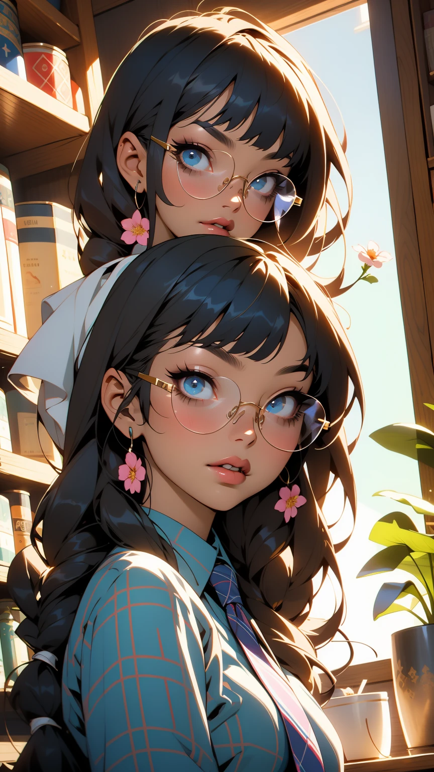 beautiful young woman, 2 long braids, thick bangs, dark hair, a lot of make-up, wearing round glasses, dark skin, portrait. face shot, long head, big nose, big lips, ebony skin, mischievous, blue eyes, wearing white shirt with blue necktie, blue plaid skirt, 16 years old, background has bookshelves, vase with flowers next to window with blue sky view,