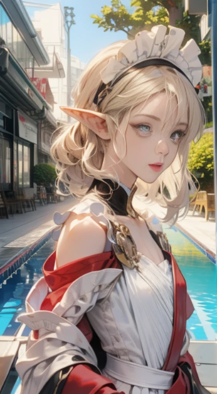 elf portrait, vibrant background, ((1 girl)), ((full nude)), Very detailed shape of an a beautiful Extremely cute elf race face with ((short white blonde hair)), asymmetrical bangs, Insanely detailed face and eyes, perfect lips, ((perfect body)), ((Medium chest)), maid style headdress, Poolside, fantasy, Cartoon style vector, anime, manga, (cel shading) Flat coloring, dramatic, cinematic lighting, detailed expression, small details, fantasy art, shape, masterpiece, digital art, drawing, digital art, In the style of Yusuke Murata.