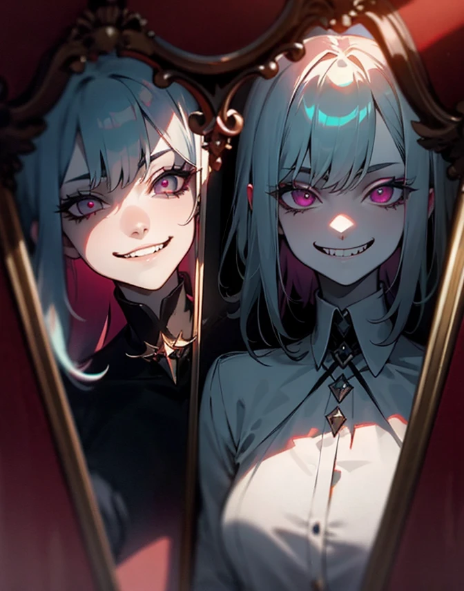 A woman gazes into the mirror, her reflection twisted into a sinister version of herself. Dark eyes gleam with malevolence, and a wicked grin reveals the hidden depths of her alter ego. The mirror reflects the duality within, a haunting juxtaposition of good and evil.