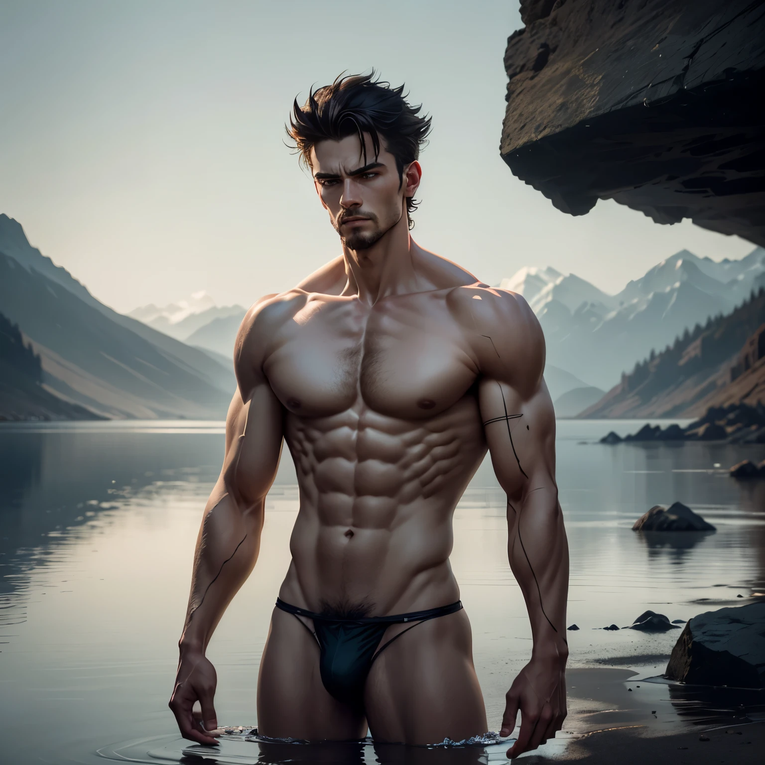 Picture prompt: A stark, sobering image of a completely naked dude. His toned muscles glisten in the pale morning light as he stands by a reflective lake, deep in thought. With every rib and bone structure visible, his vulnerability is palpable, yet there's a sense of raw power and unbridled  emanating from his being. The peaceful setting around him contrasts sharply with the primal intensity exuding from the man himself.