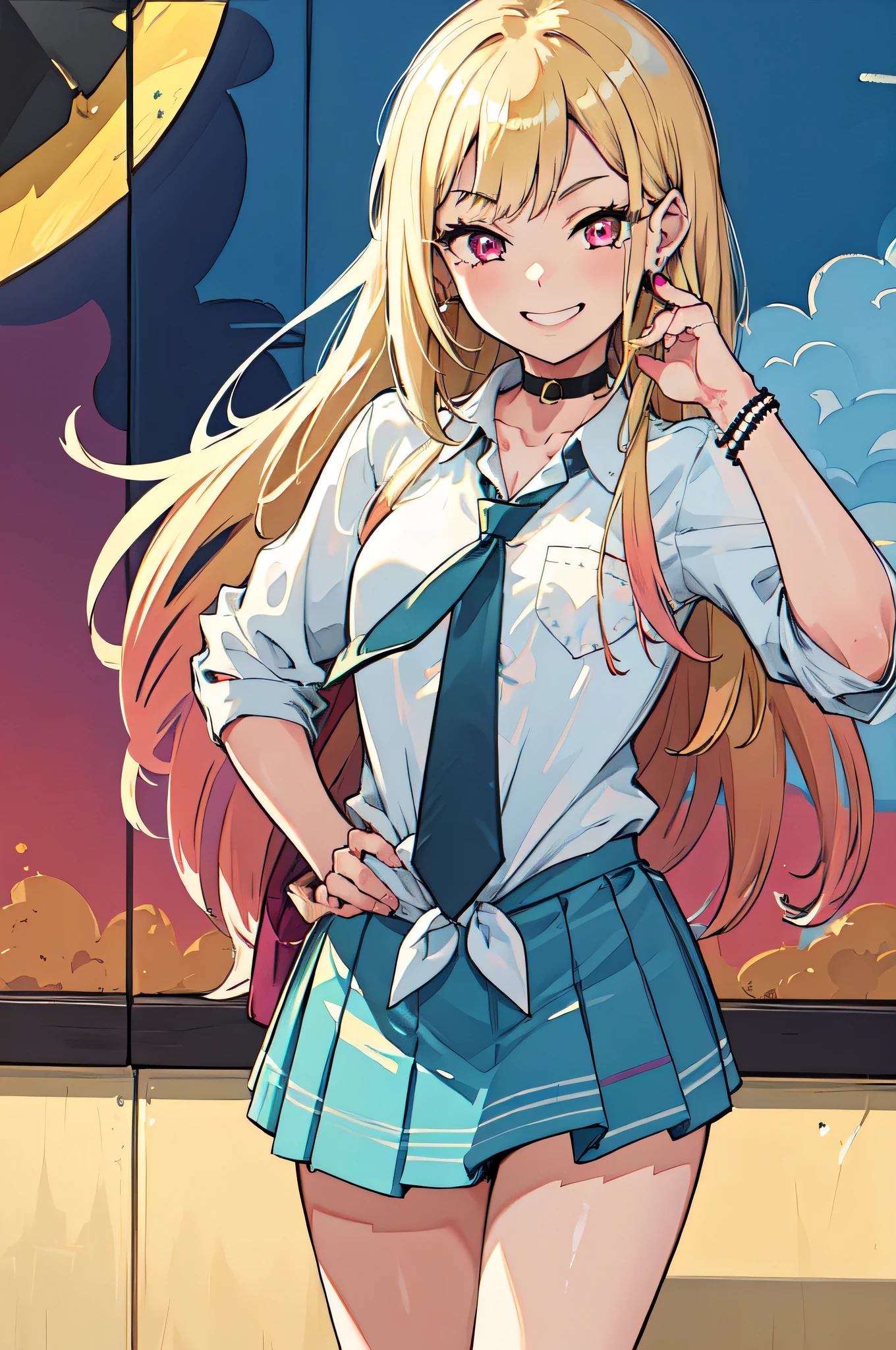 masterpiece, best quality, 8k resolution, sharp focus, intricate detail, beautiful girl, golden ratio face, otherworldly liquid, watercolor, bright colors, whimsical, colorful, sharp focus, high resolution, fine detail, happy, smiling, smile teeth, standing, 1girl, blonde hair, marin kitagawa, school uniform, full body