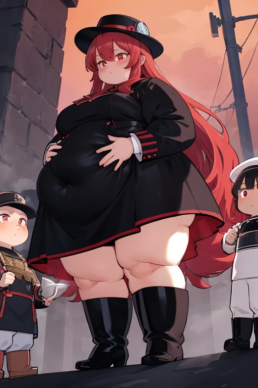 ((beste-Qualit, tmasterpiece)), a obese 1girl, red long hair with an orange tint, dark red eyes, pupils in the form of diamonds, Black otic dress with a long train, hat on his head, high boots with heels