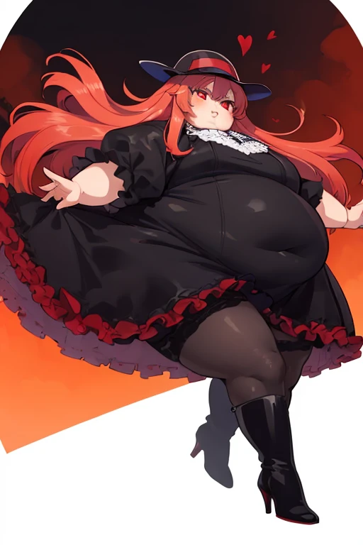 ((beste-Qualit, tmasterpiece)), a obese 1girl, red long hair with an orange tint, dark red eyes, pupils in the form of diamonds, Black otic dress with a long train, hat on his head, high boots with heels