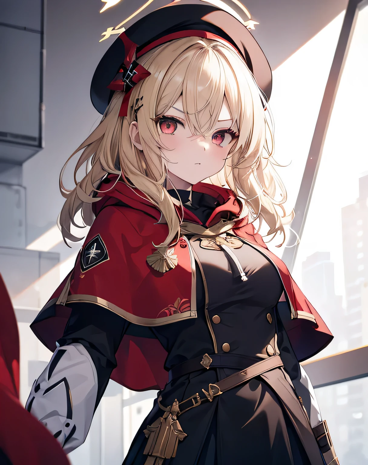 masterpiece,1girl, sparrow, a blonde haired girl, wearing a knight uniform, wavy medium hair, messy hair, black skirt, red capelet with hoody, slim body, she have a schyte, medium breasts, she close her left eye, shirt ornament, lolippai, white beret, angry face, beautiful breasts, rounded breasts, crimson eyes, break halo, adult