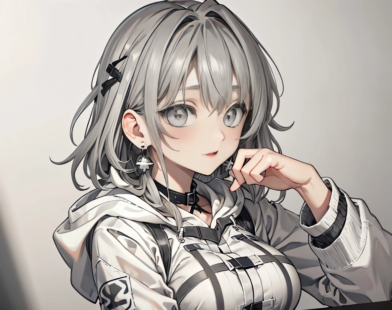 【highest quality, table top】 [girl, coat, expressive, gray eyes, positive, wavy hair, hoodie, Upper body] (Gray white background:1.7), (earrings), sexy face, beautiful eyes, nice big breasts