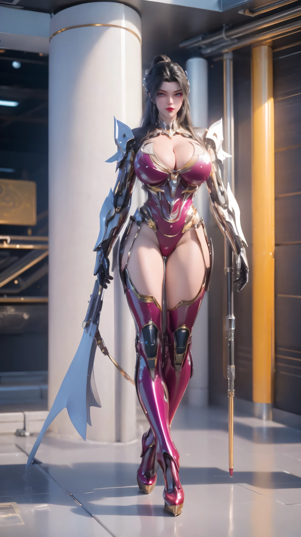 A BEAUTY GIRL, (HYPER-REALISTIC:1.5), (PHOENIX GOLD M:1.1), (BIGGER BUT,HUGE FAKE BREAST:((CLEAVAGE:1.5) MUSCLE ABS:1.5), (MECHA GUARD ARMS:1.5), (MAGENTA SHINY FUTURISTIC MECHA BODY, BLACK MECHA SKINTIGHT LEGGINGS, WHITE MECHA GUARD ARMOR LEGS, HIGH HEELS:1.6), (MUSCULAR BODY, WET OIL SKIN, LONG LEGS:1.1), (LOOKING AT VIEWER:1.3), (FEMALE FOCUS:1), (WALKING HALLROOM OF FUTURISTIC SPACE STATION:1), (BRIGHT LIGHT WHITE_ROOM:1.3), HYPER TEXTURE, (4X MSAA), ((UNREAL ENGINE 5 RENDER)), PHYSICALLY-BASED RENDERING, ULTRA HIGHT DEFINITION, 16K, 1080P.