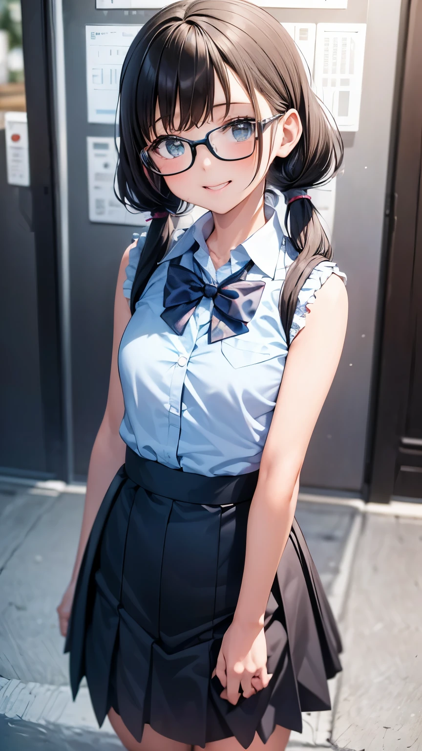 best quality,one girl,low twintails, glasses school uniform,headphone