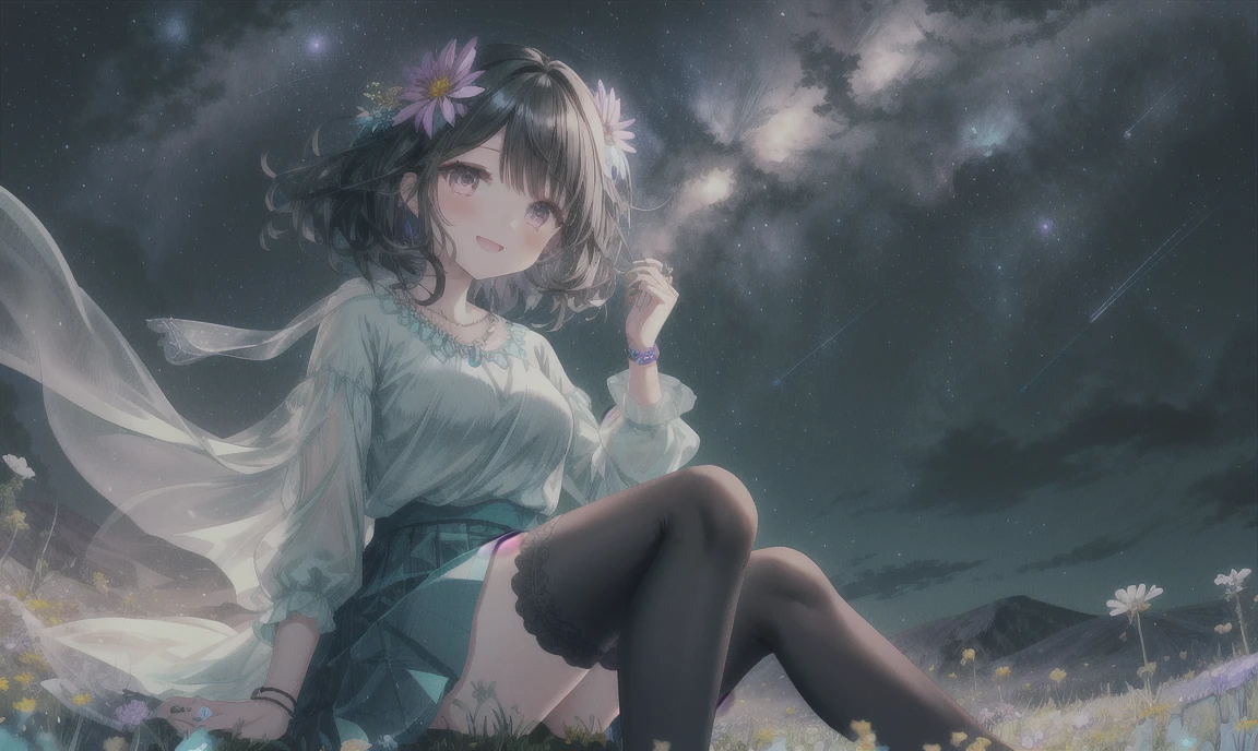 (girl): solo, (perfect face), (detailed outfit), cute girl, excited, (smiling), (looking up), (sitting on grass hill) black hair, sidelocks, hair between the eyes, bangs, medium hair, (wavy hair), gray eyes, light skin, medium breasts, (light purple shirt, long sleeves, red and teal beaded necklace), (light blue skirt, black thighhighs, black boots), (flower ornament), (wristband), (rings)
(background): from below, outdoor, (grassy hill), (shooting star), (Milky Way), (flowers), (wildflowers), night, (starry sky)
(effects): (masterpiece), (best quality), (sharp focus), (depth of field), (high res)