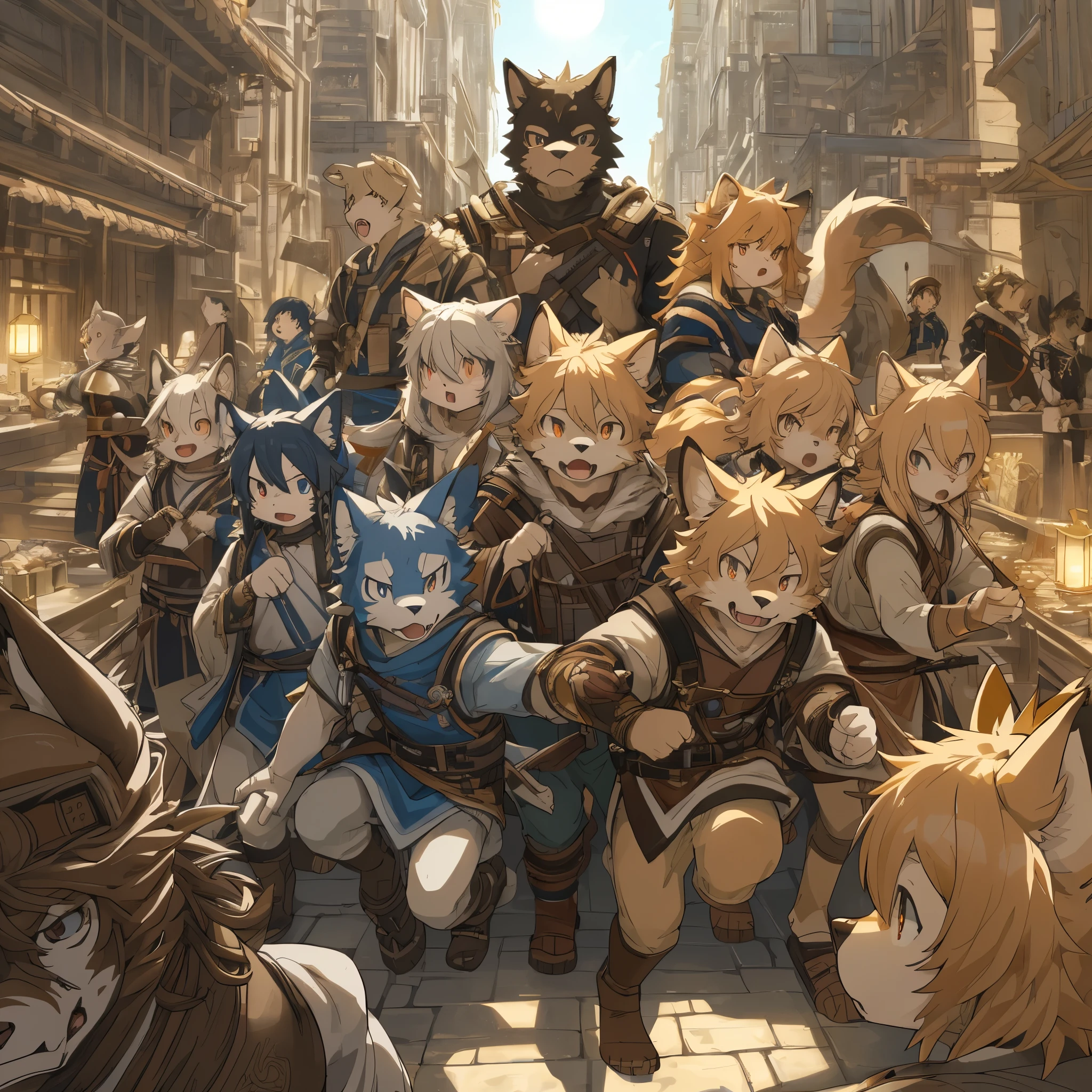 dynamic angle, top quality, best quality, High-quality illustrations, masterpiece, super high resolution, detailed background, detailed background, The Peach Boy, action, group shot:0.1, 6+boys, 6+girls, absurdres(highly detailed beautiful face and eyes)perfect anatomy, expression, good lighting, cinematic shadow(kemono, furry anthro),