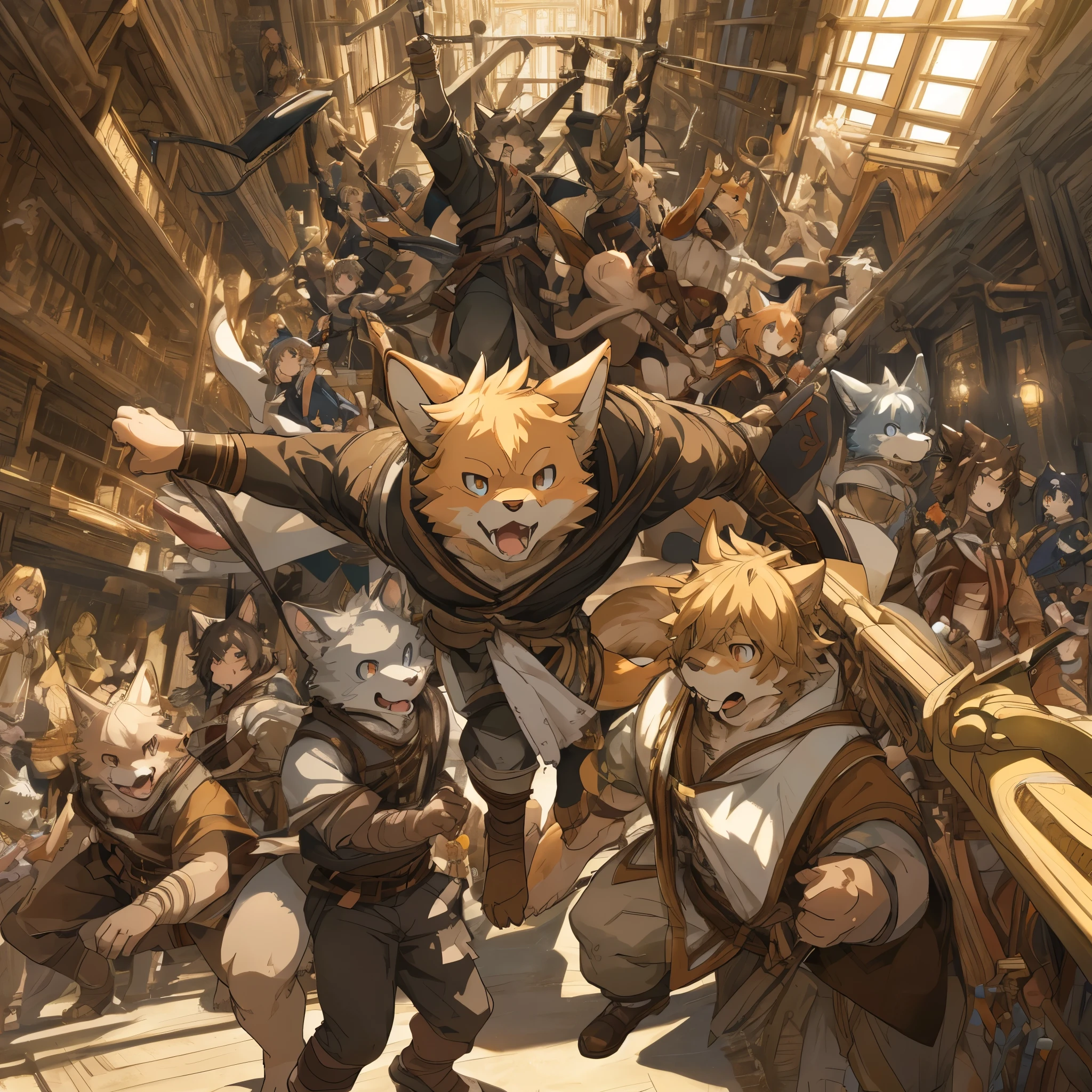 dynamic angle, top quality, best quality, High-quality illustrations, masterpiece, super high resolution, detailed background, detailed background, The Peach Boy, action, group shot:0.1, 6+boys, 6+girls, absurdres(highly detailed beautiful face and eyes)perfect anatomy, expression, good lighting, cinematic shadow(kemono, furry anthro),