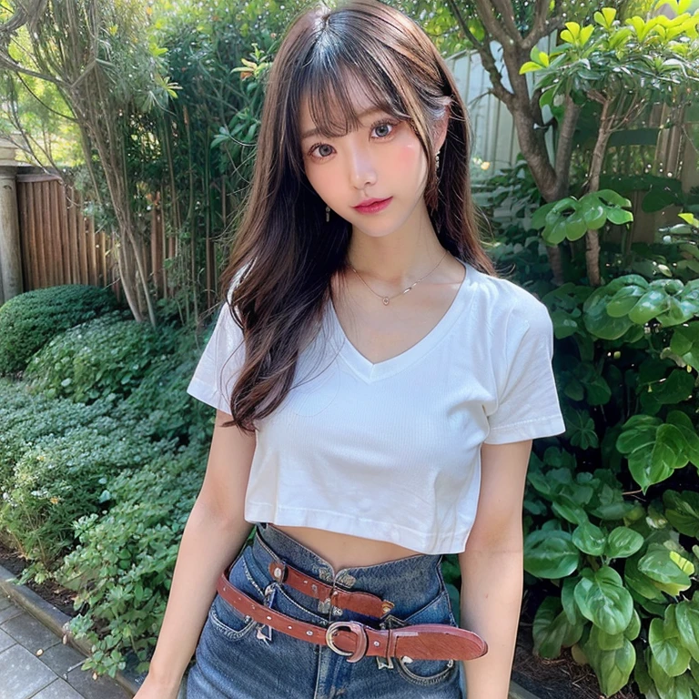 (highest quality、8K、32K、masterpiece、nffsw:1.2)、photo of cute japanese woman、beautiful chest、long hair、beautiful legs、beautiful belly、necklace、 balanced body、Crop T-shirt, abdomen, low rise jeans, white belted jeans, medium breasts, small waist, cleavage、((cowboy shot))、garden