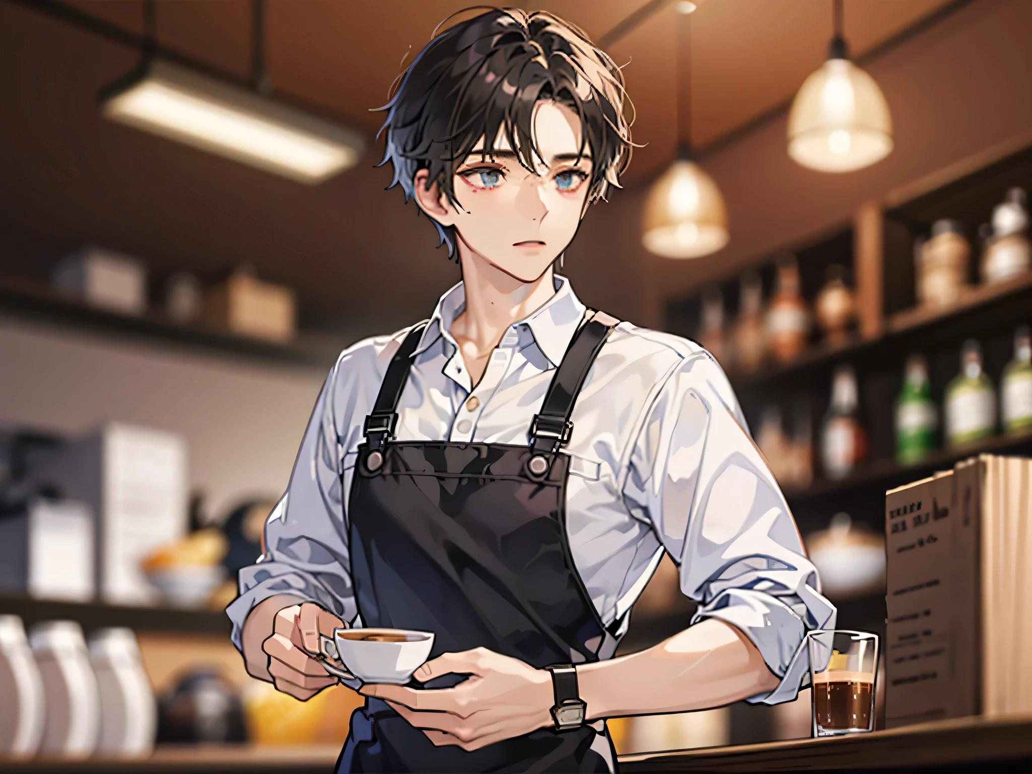 upper body,masterpiece,best quality, (anime man), Cafe clerk, male,solo,shirt,apron,Half-up hairstyle,Eye color brown,coffee shop