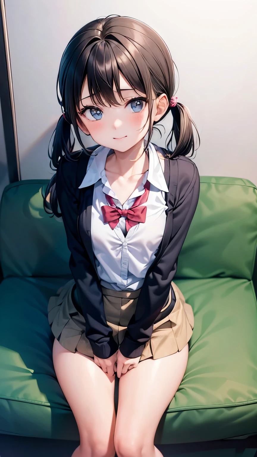 best quality,one girl,low twintails,  school uniformcardigan,arms behind back,sit in a sofa