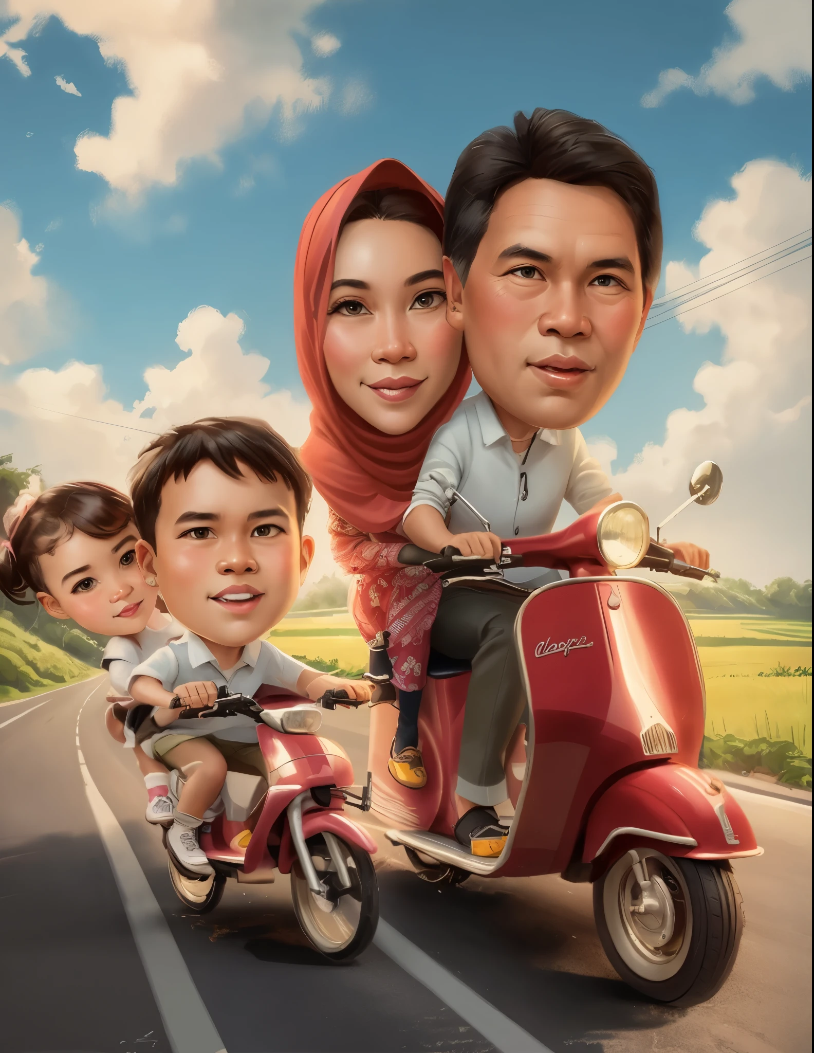 a cartoon of a family riding a scooter down a road, an indonesian family portrait, caricature illustration, in cartoon style, cartoon art, caricature style, cartoon style illustration, cartoon art style, potrait, cartoon digital painting, cartoon digital art, happy family, cartoon artstyle, cartoon portrait, digital art cartoon, caricature, digital cartoon,8k,detail, hiperrealism