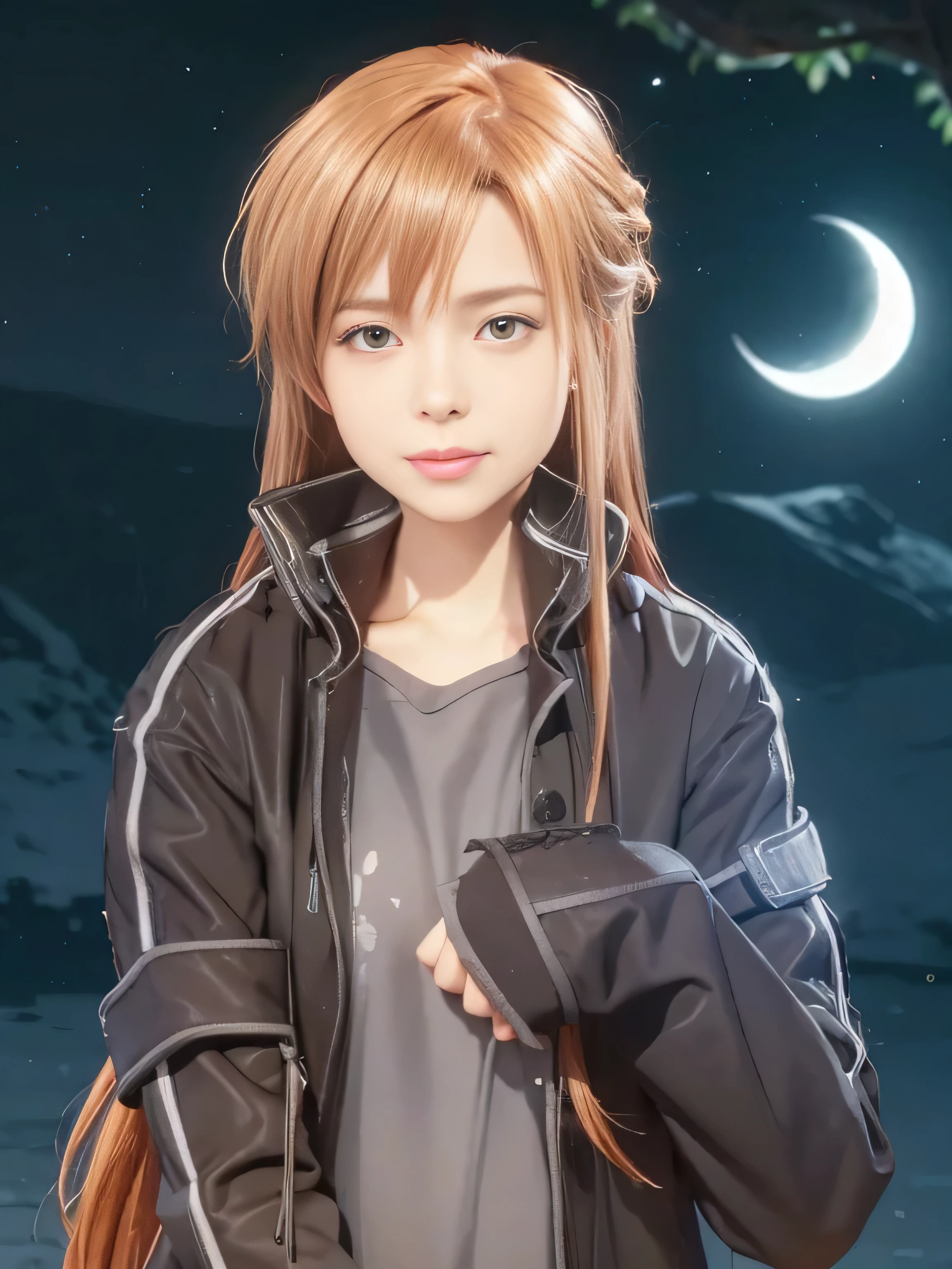 masterpiece, best quality, (realistic,photo-realistic:1.4), (RAW photo:1.2), extremely detailed CG unity 8k wallpaper, delicate and beautiful, amazing,finely detail, official art, absurdres, incredibly absurdres, huge filesize, ultra-detailed,extremely detailed eyes and face,light on face,little smile,(caramel hair:1.4),asuna yuuki,bridge,(wearing balck coat:1.4),outdoor,night,moon