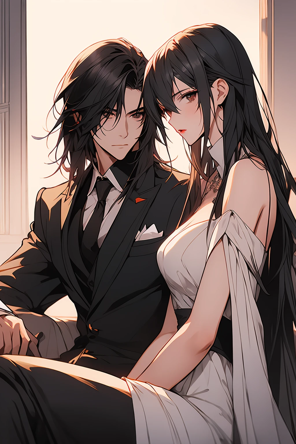 anime couple in formal attire sitting next to each other, artwork in the style of guweiz, in the art style of bowater, high quality fanart, sakimichan and frank franzzeta, trending on artstration, wlop and sakimichan, inspired by Yanjun Cheng, guweiz, lovely couple, 8k high quality detailed art