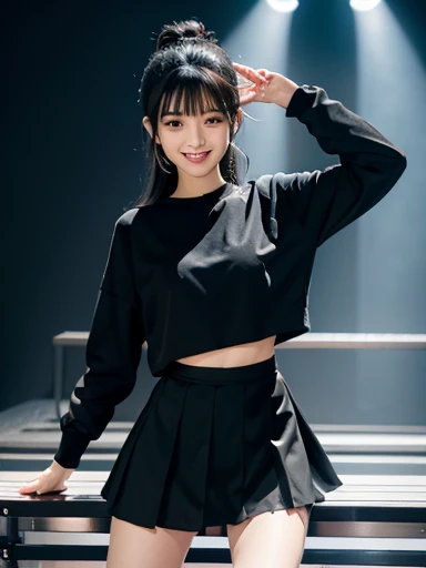 Female idol, dressed in black dancer, long black hair, flat bangs, hair tied in one knot, knee-length black skirt, female idol, smiling