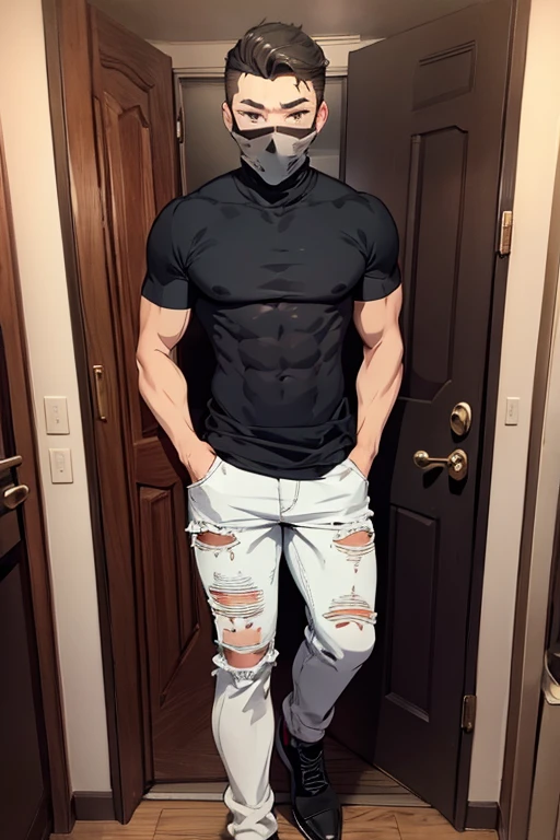 Full body cinematic photo, at the door, front vision, tall young man, toned body, wearing a t-shirt, ripped jeans, skull mask on face