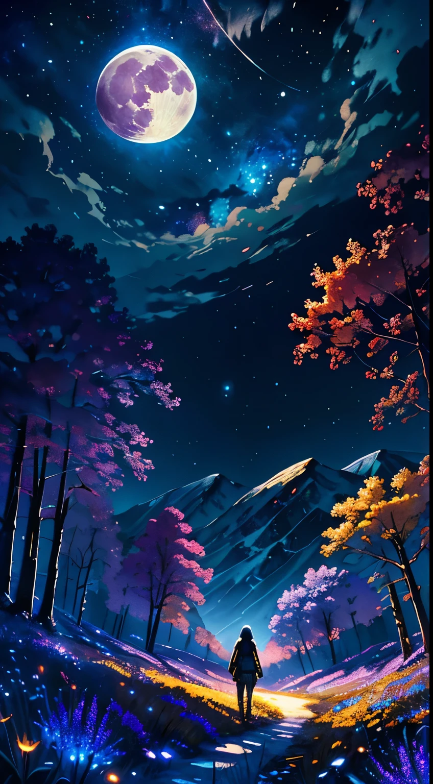 Expansive landscape photograph, (view from below with a view of the sky and the wilderness below), little girl standing in a flower field looking up, (full moon: 1.2), (shooting star: 0.9), (nebula: 1.3), distant mountain, tree break production art, (warm light source: 1.2), (firefly: 1.2), lamp, purple and orange, intricate detail, volume lighting BREAK (masterpiece: 1.2), (highest quality ), 4k, ultra-detailed, (dynamic configuration: 1.4), highly detailed and colorful details (iridescent: 1.2), (sparkling lighting, atmospheric lighting), dreamy, magical, (solo: 1.2)