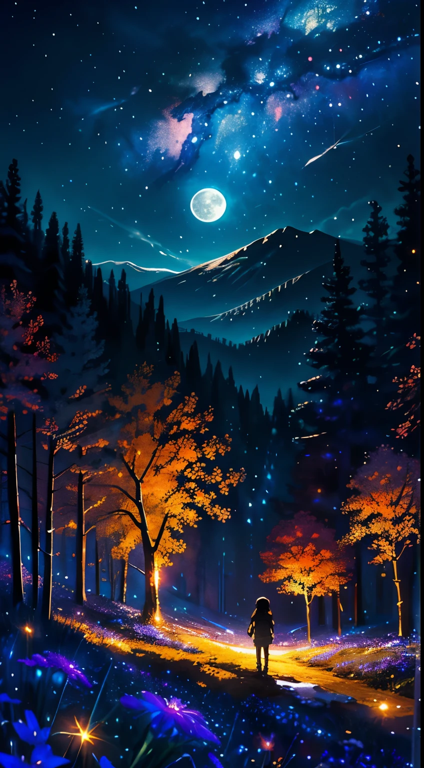 Expansive landscape photograph, (view from below with a view of the sky and the wilderness below), little girl standing in a flower field looking up, (full moon: 1.2), (shooting star: 0.9), (nebula: 1.3), distant mountain, tree break production art, (warm light source: 1.2), (firefly: 1.2), lamp, purple and orange, intricate detail, volume lighting BREAK (masterpiece: 1.2), (highest quality ), 4k, ultra-detailed, (dynamic configuration: 1.4), highly detailed and colorful details (iridescent: 1.2), (sparkling lighting, atmospheric lighting), dreamy, magical, (solo: 1.2)