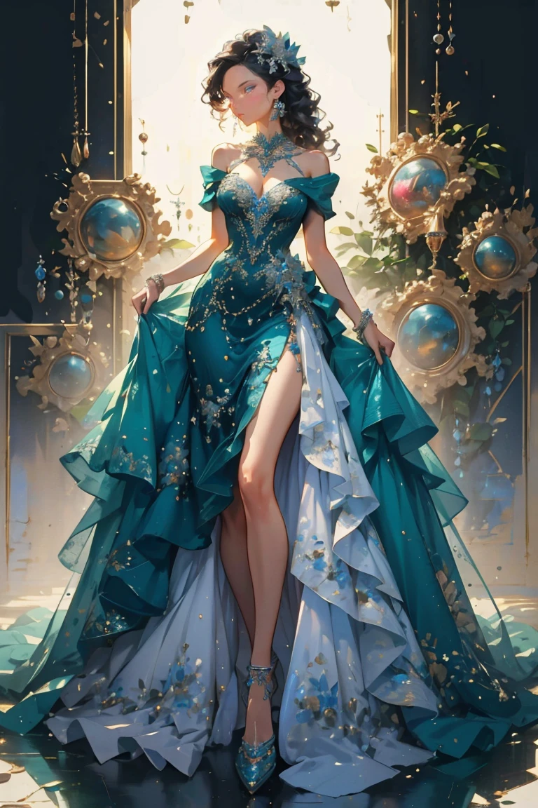 masterpiece, glowing,1 woman, wrenchelegadome, hair ornament, jewelry, multicolored clothes, skirt hold, detailed face, sexy,large breast, long curly hair, seductive
