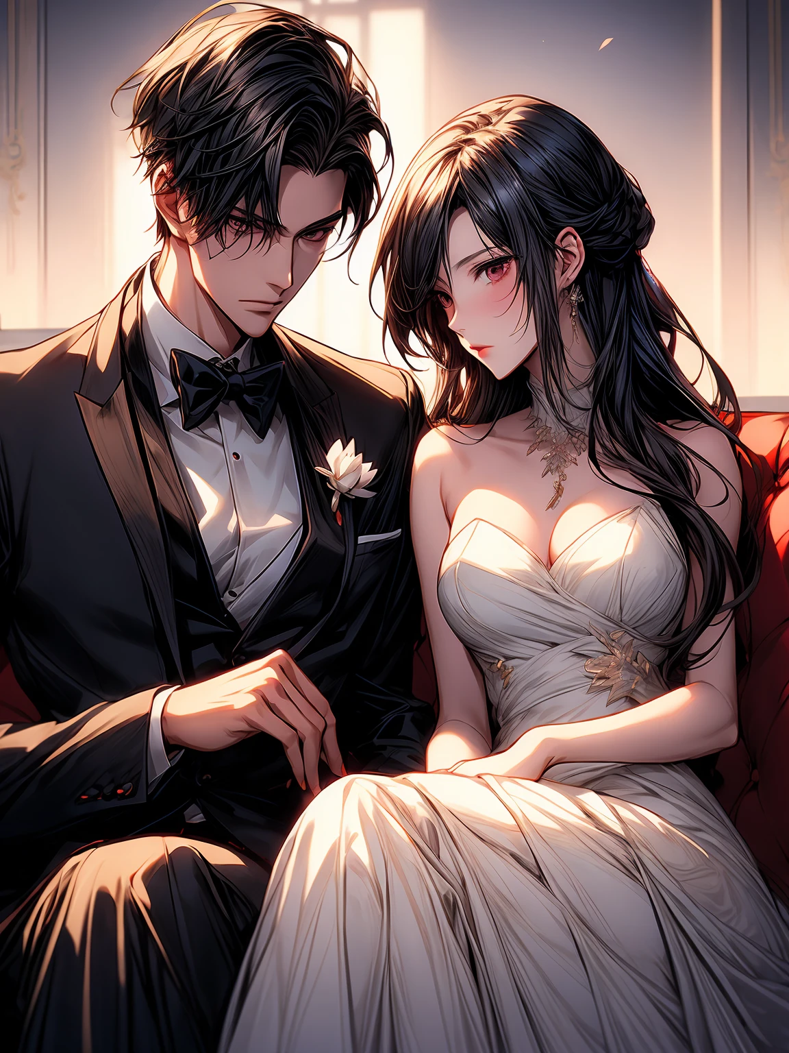 anime couple in formal attire sitting next to each other, artwork in the style of guweiz, in the art style of bowater, high quality fanart, sakimichan and frank franzzeta, trending on artstration, wlop and sakimichan, inspired by Yanjun Cheng, guweiz, lovely couple, 8k high quality detailed art
