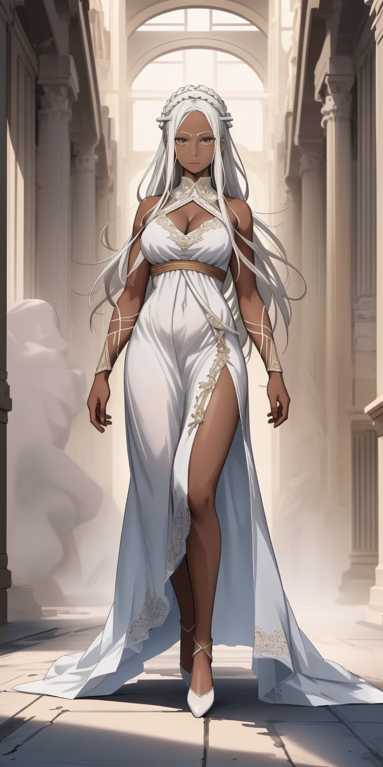 Best quality, best definition, best art, artwork, beautiful, painting, white hair, long white hair, perfect hair, long hair, perfect skin, black skin, brown skin, black skin, dress, long white dress, white dress, greek goddess dress, full body, whole body.