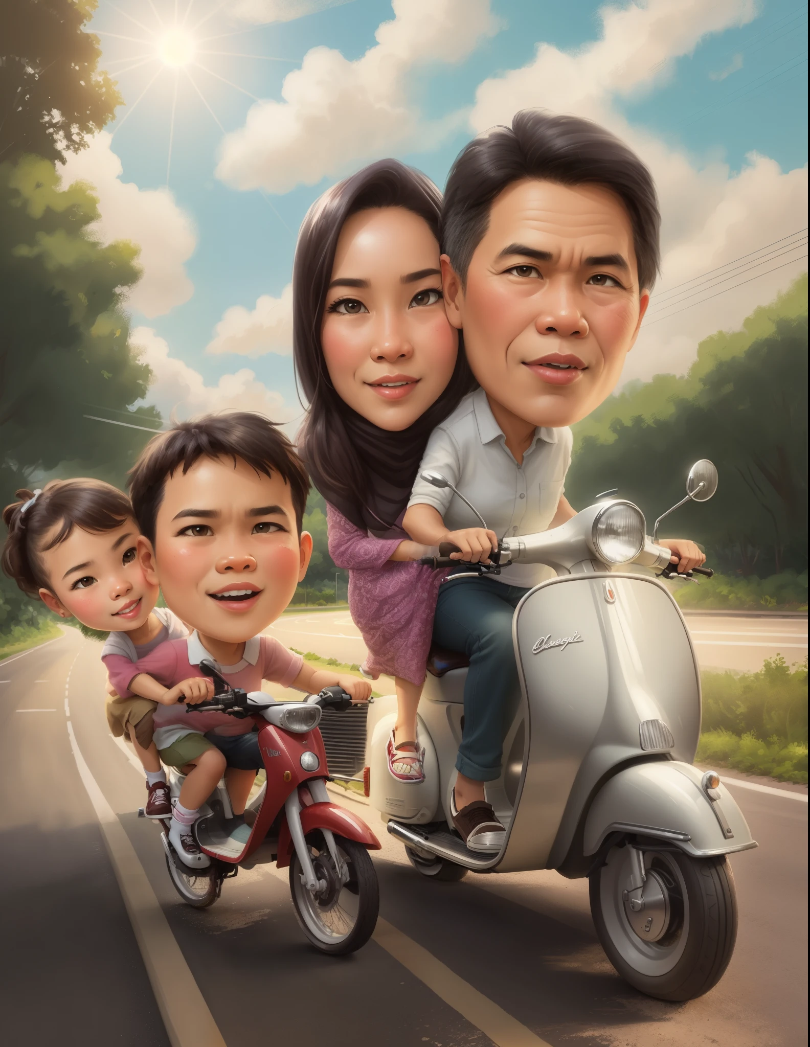 a cartoon of a family riding a scooter down a road, an indonesian family portrait, caricature illustration, in cartoon style, cartoon art, caricature style, cartoon style illustration, cartoon art style, potrait, cartoon digital painting, cartoon digital art, happy family, cartoon artstyle, cartoon portrait, digital art cartoon, caricature, digital cartoon,8k,detail, hiperrealism