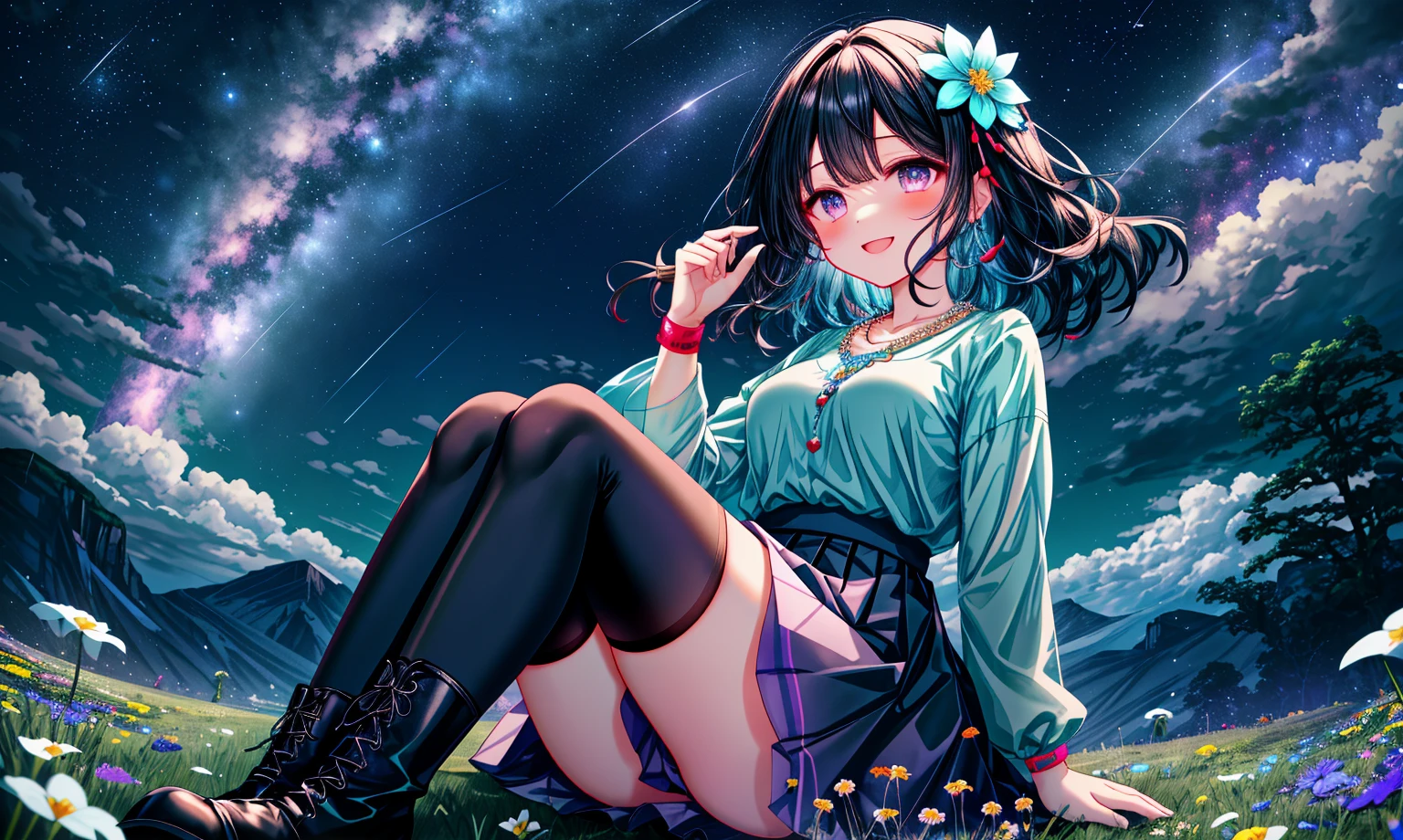 (girl): solo, (perfect face), (detailed outfit), cute girl, excited, (smiling), (looking up), (sitting on grass hill) black hair, sidelocks, hair between the eyes, bangs, medium hair, (wavy hair), gray eyes, light skin, medium breasts, (light purple shirt, long sleeves, red and teal beaded necklace), (light blue skirt, black thighhighs, black boots), (flower ornament), (wristband), (rings)
(background): from below, outdoor, (grassy hill), (shooting star), (Milky Way), (flowers), (wildflowers), blue night, (starry sky)
(effects): (masterpiece), (best quality), (sharp focus), (depth of field), (high res)