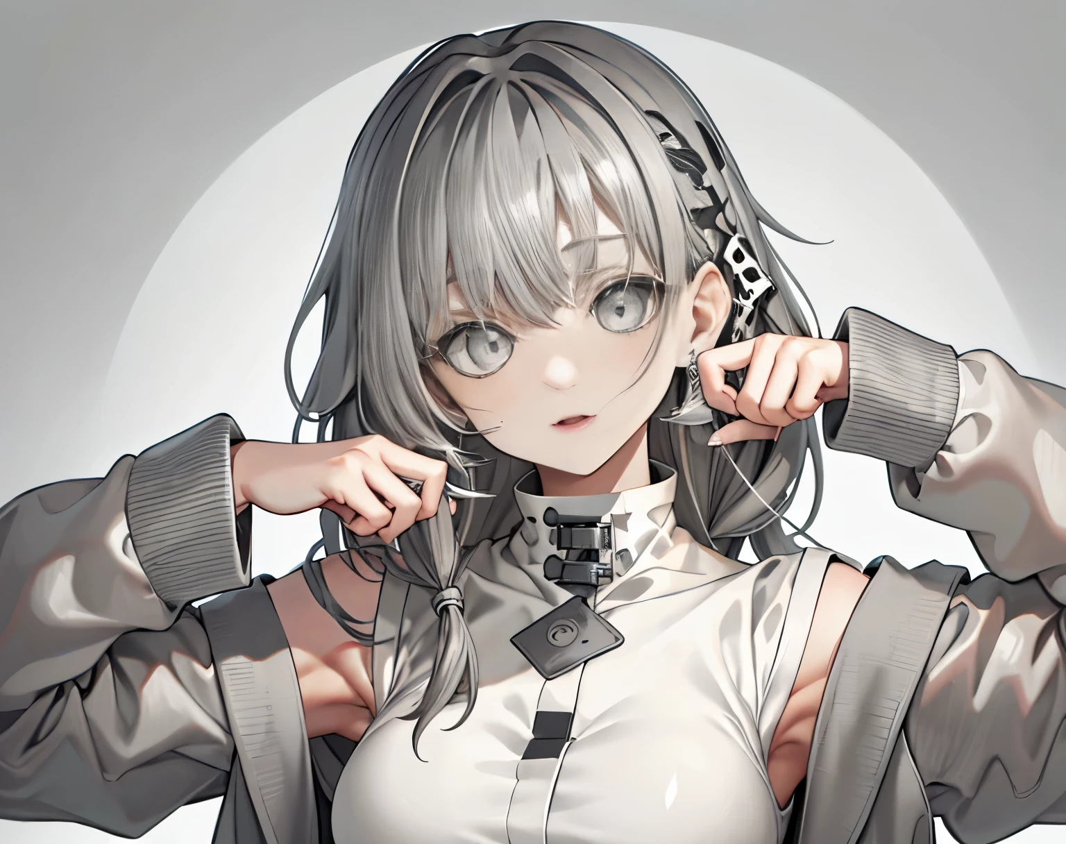 【highest quality, table top】 [girl, coat, expressive, gray eyes, positive, wavy hair, hoodie, Upper body] (Gray white background:1.7), (earrings), sexy face, beautiful eyes, nice big breasts