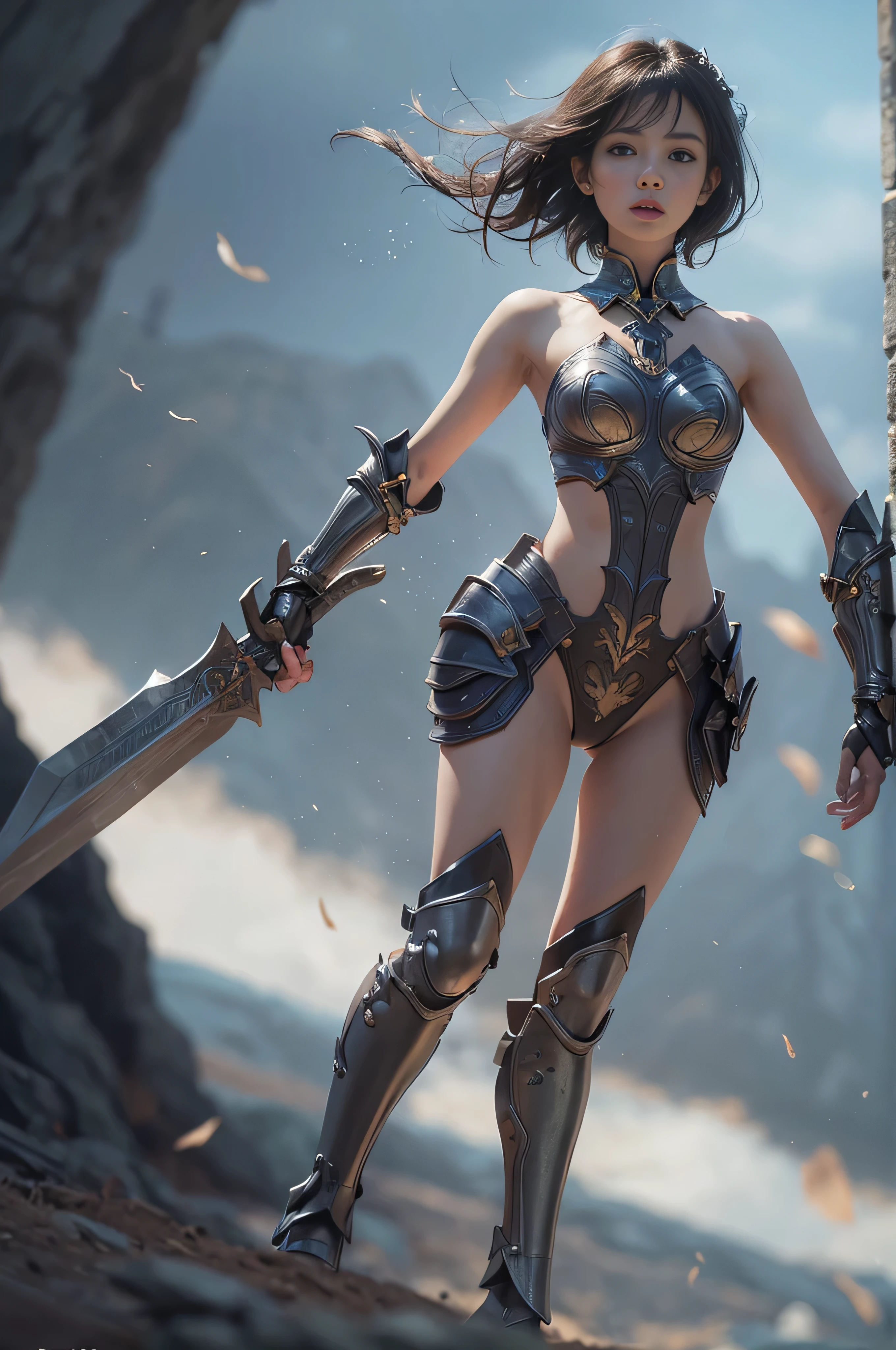 (NSfW), ((1 female:1.4)), alone, 18-year-old, 7 head and body, (cute face), (ideal body proportions), length , chest fantasy, magic effect, ((West Cape Armor)), holding a greatsword, , strong wind, The costume is sheer, Wet, short hair, black hair, small breasts, Slender, small ass, beautiful feet, thin legs, surrealism, cinematic lighting, Depth of bounds written, one person's perspective, f/1.8, 135mm, nffsw, battle pose, table top, Accurate, ((anatomically correct)), rough skin, Super detailed, advanced details, high quality, award-winning, 最high quality, High resolution, 8K