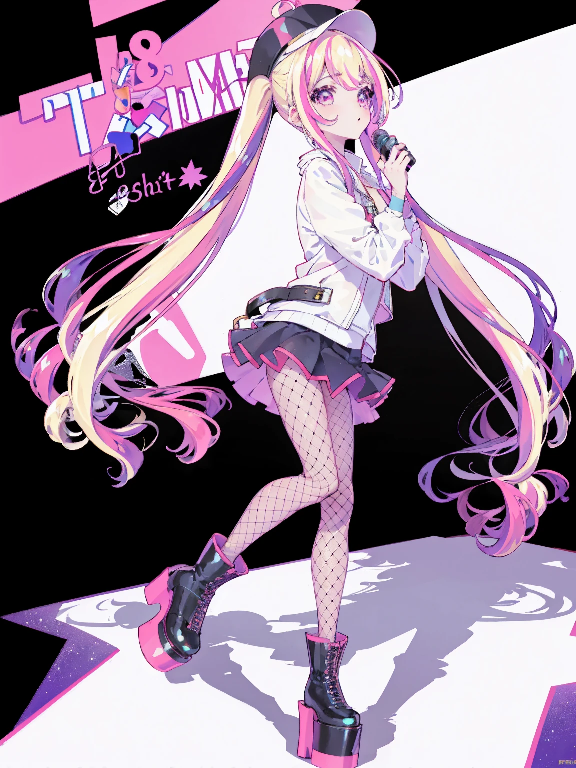 1 girl、leather jacket、hat、Fishnet tights、platform boots、white background、simple background