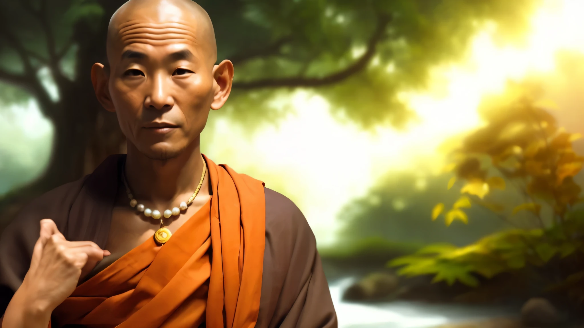 there is a Zen monk with a necklace and a necklace on his neck, monk, concept art of a monk, buddhist monk, ancient japanese monk, 2 1 st century monk, monk, buddhist, monk meditate, tabaxi monk, buddhist monk meditating, monk clothes, tithi luadthong, buddhism, wojtek fus, a Zen monk pointing its finger, very detailed, very serious face, with wrinkles on face, old monk, background blur beautiful forest