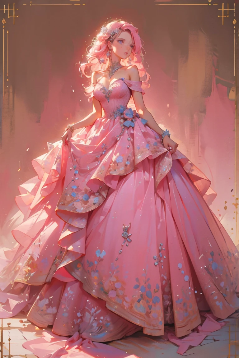 masterpiece, glowing,1 woman, wrenchelegadome, hair ornament, jewelry, pink dress, skirt hold, detailed face, large breast, long pink hair hair,