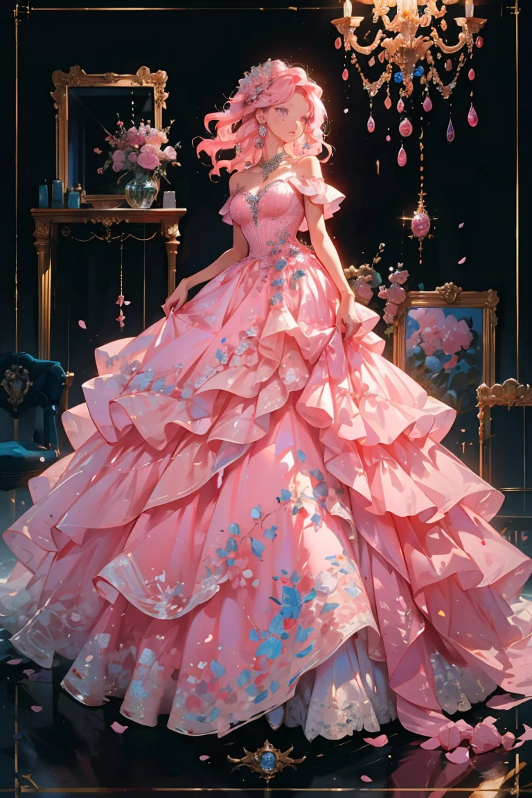 masterpiece, glowing,1 woman, wrenchelegadome, hair ornament, jewelry, pink dress, skirt hold, detailed face, large breast, long pink hair hair,
