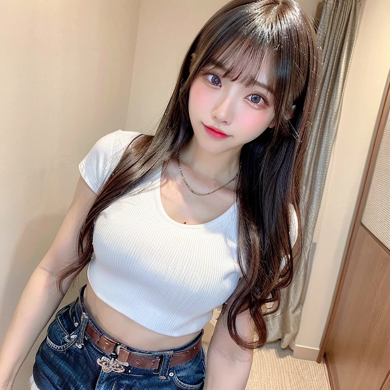 20-year-old girl,Japanese,Huge breasts, 1 girl per photo, Full Body Shot, View from the front, Japanese, cute girl, Luxurious appearance, Very cute face, The best smile,Glossy Lips, Sweaty body, Double eyelids on both eyes, Natural Makeup, Shiny and smooth light brown long hair, Asymmetrical bangs, Sunburned skin, Center image, 8K resolution, High detail, Detailed hairstyle, Detailed face, Great cinema lighting, Octane Rendering, Vibrant, Surreal, Perfect limbs, Perfect Anatomy,T-Shirts