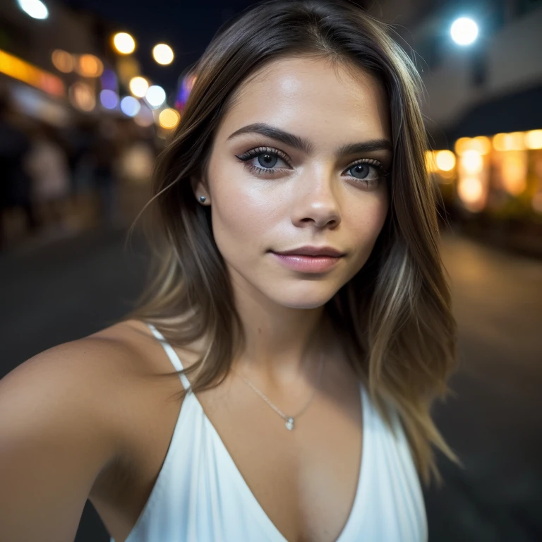 (Foto selfie, desde arriba:1.4), (postrait medio cuerpo:1.4), RAW uhd portrait photo of a 24 year old blonde (Mujer de ojos azules) walking down a dark alleyway, pecho natural, Antecedentes nocturnos de la ciudad, (Vestido de sol azul), (escote), Detallado (Texturas!, cabello!, brillar, Color!!, Imperfecciones:1.1), Ojos brillantes altamente detallados, (Looking at the camera), specular lighting, DSLR, Calidad Ultra, sharp focus, Tachuela afilada, DOF, Film grain, (centrado), Fujifilm XT3, Cristalina, Centro del marco, cara linda, sharp focus, farola, Neon lights, Bokeh, (Poca luz), discreto, Por la noche, (cielo nocturno) poros detallados de la piel, piel grasa, tan, Detalles intrincados de los ojos