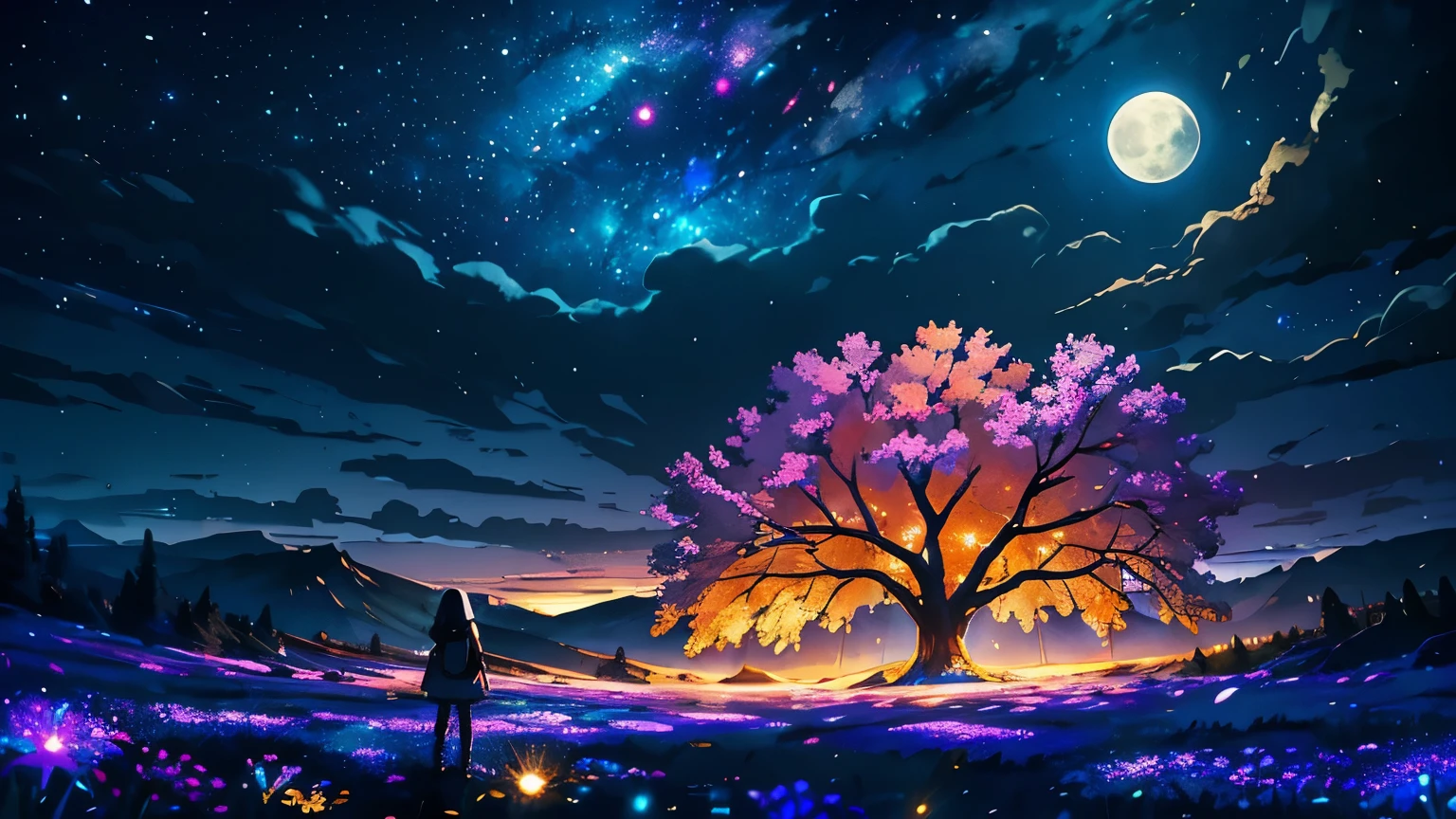 Expansive landscape photograph, (view from below with a view of the sky and the wilderness below), standing in a flower field looking up, (full moon: 1.2), (shooting star: 0.9), (nebula: 1.3), distant mountain, tree break production art, (warm light source: 1.2), (firefly: 1.2), lamp, purple and orange, intricate detail, volume lighting BREAK (masterpiece: 1.2), (highest quality ), 4k, ultra-detailed, (dynamic configuration: 1.4), highly detailed and colorful details (iridescent: 1.2), (sparkling lighting, atmospheric lighting), dreamy, magical, (solo: 1.2)