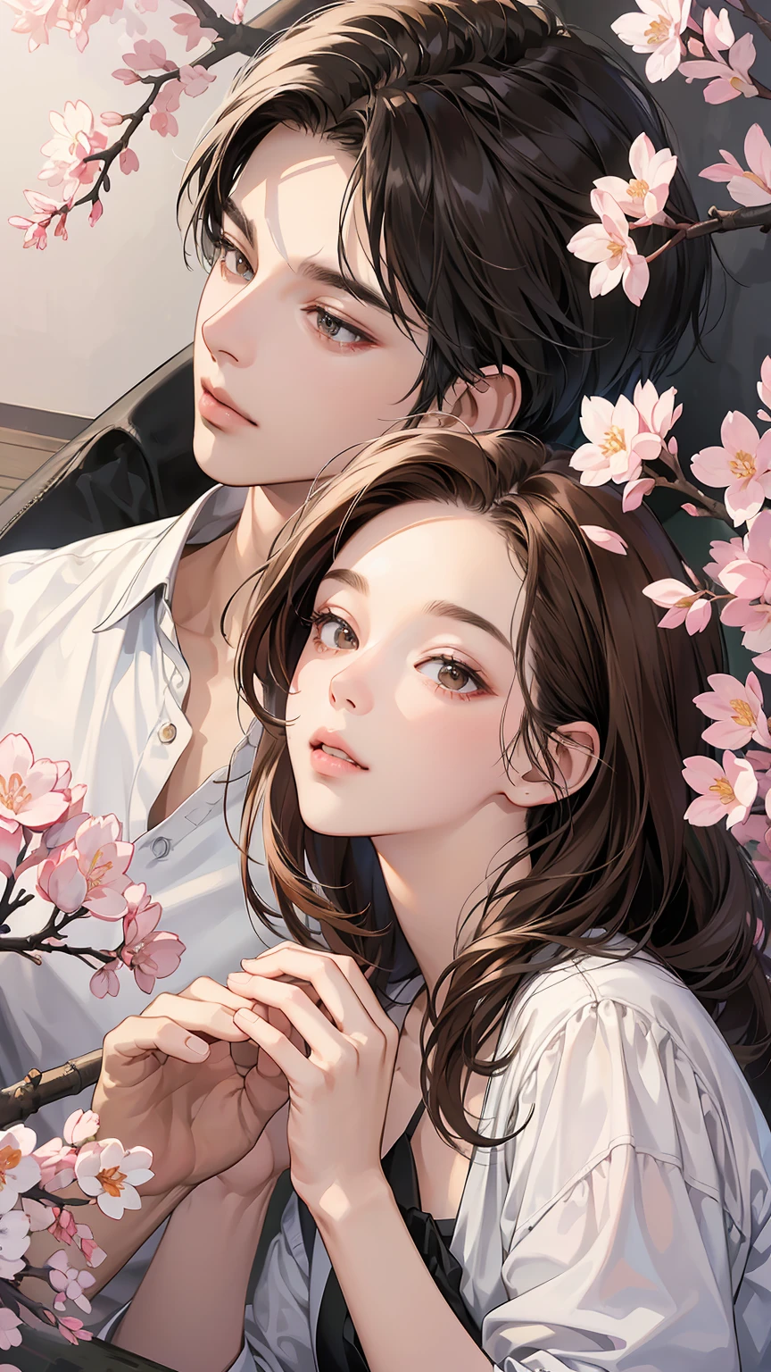 (masutepiece, Digital Art, Digital Illustration, 4K, 8K, Ultra-detailed, beautiful image, Sharp Image, Photorealistic, Raw photo, Perfect face, Perfect lines, Perfect eyes, Soft lighting) , a couple, 1 girl 1 boy, Hair color is different, Medium brown hair and brown eyes, Short black hair and gray eyes, Romance, Lie on the ground, See the cherry blossoms、the kiss、Kissing、couple kissing、a couple、Lip touch