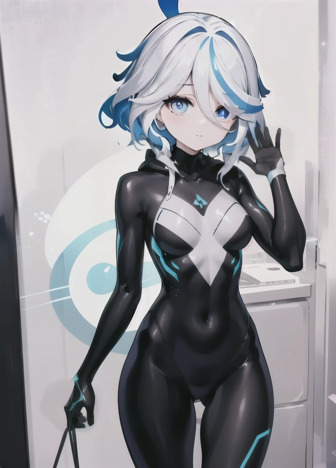 ghost, Gwen is wearing white, organic looking clothing, The forehead is sticky, White symbiont, white eyes, art, PS5 screenshots,Highly detailed rendering, Ultra-realistic ray tracing, with lights