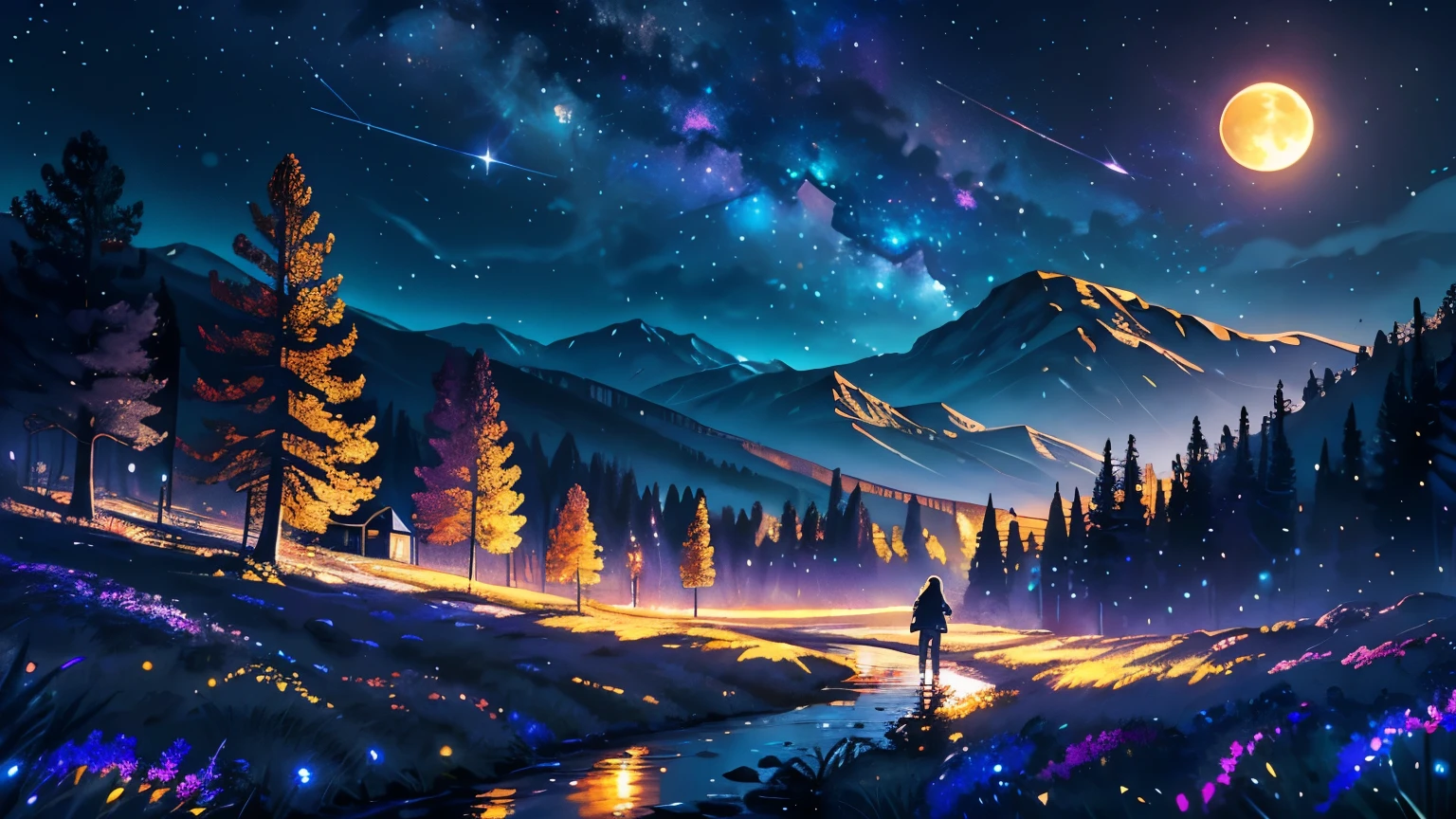 Expansive landscape photograph, (view from below with a view of the sky and the wilderness below), little girl standing in a flower field looking up, (full moon: 1.2), (shooting star: 0.9), (nebula: 1.3), distant mountain, tree break production art, (warm light source: 1.2), (firefly: 1.2), lamp, purple and orange, intricate detail, volume lighting BREAK (masterpiece: 1.2), (highest quality ), 4k, ultra-detailed, (dynamic configuration: 1.4), highly detailed and colorful details (iridescent: 1.2), (sparkling lighting, atmospheric lighting), dreamy, magical, (solo: 1.2)
